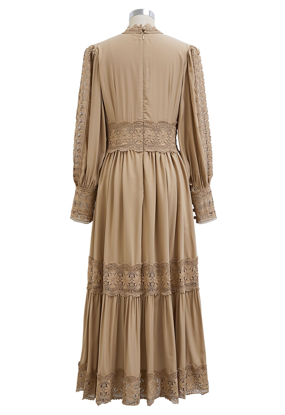 Victorian Elegance Cutwork Lace Maxi Dress in Tan