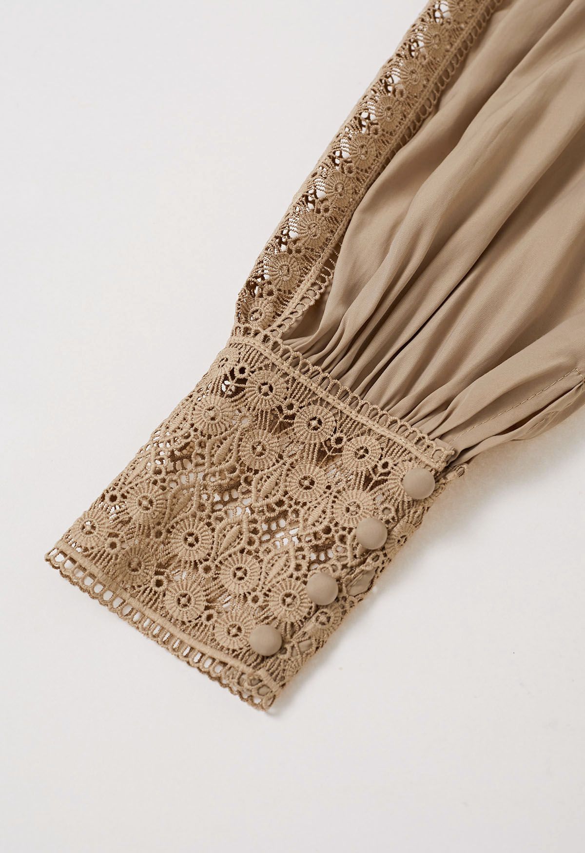 Victorian Elegance Cutwork Lace Maxi Dress in Tan