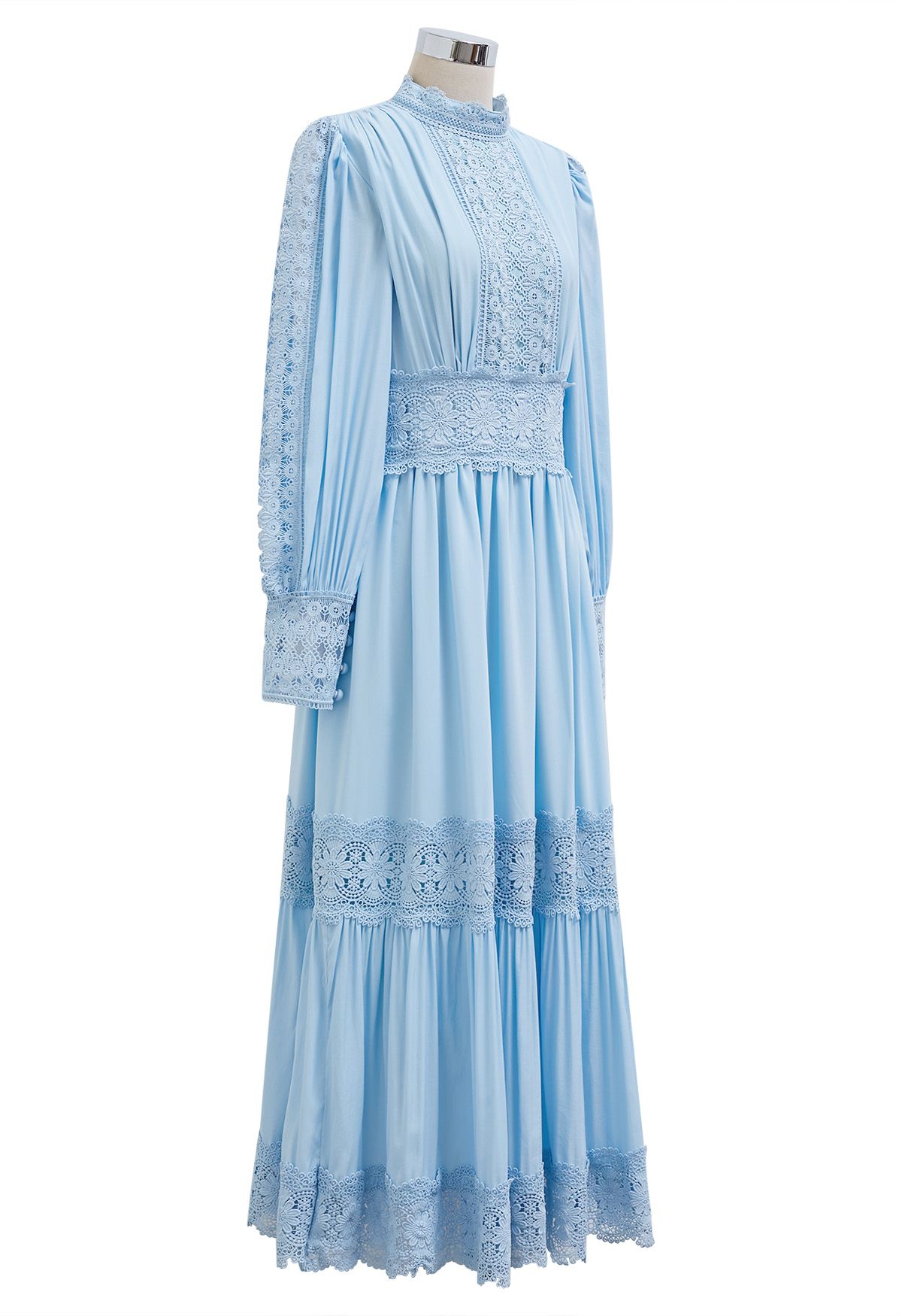 Victorian Elegance Cutwork Lace Maxi Dress in Baby Blue