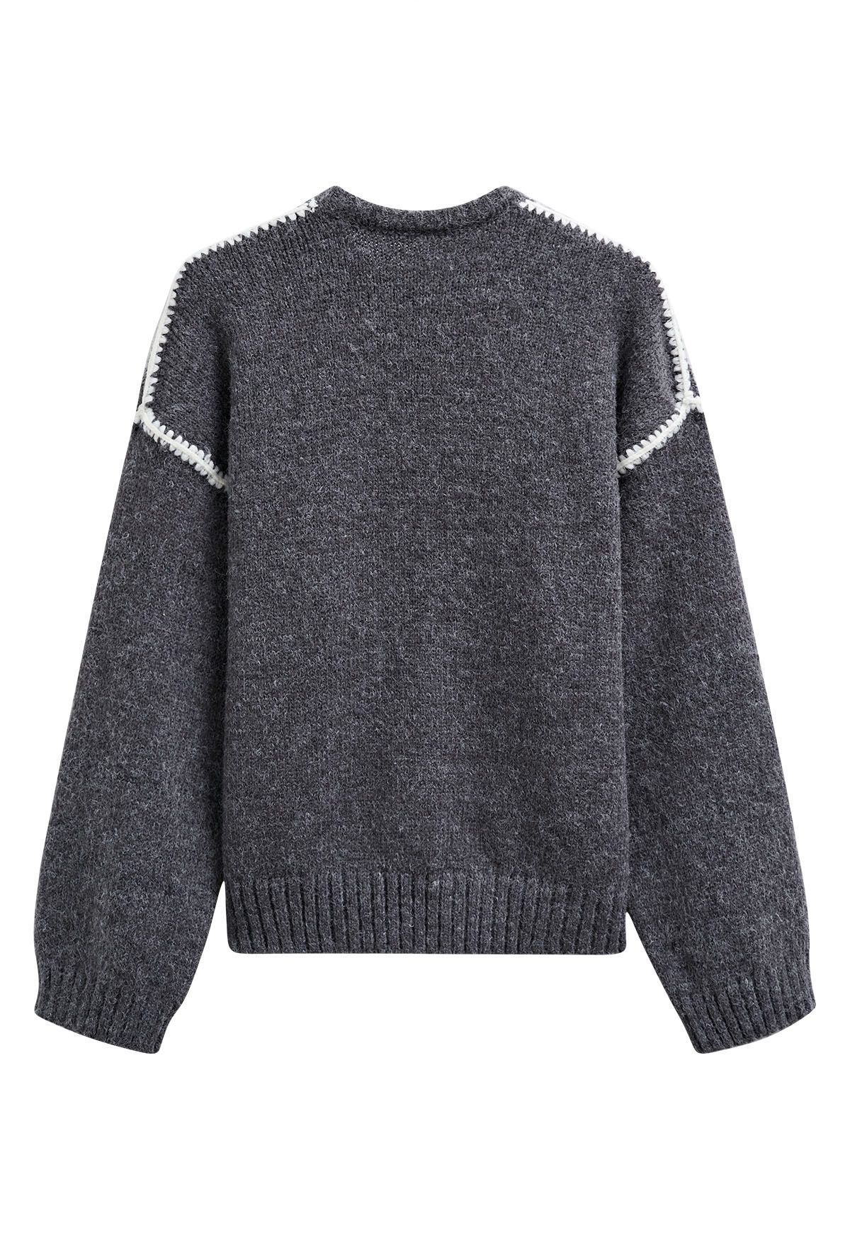 Whipstitch-Trimmed Dropped Shoulder Knit Sweater in Smoke