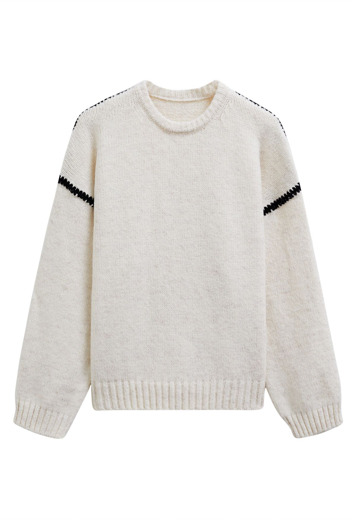 Whipstitch-Trimmed Dropped Shoulder Knit Sweater in Cream