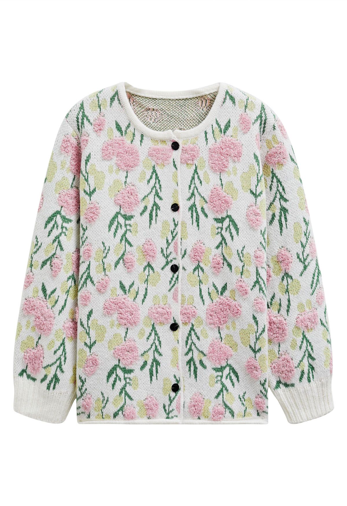 Pink Flowers Intarsia Jacquard Knit Buttoned Cardigan