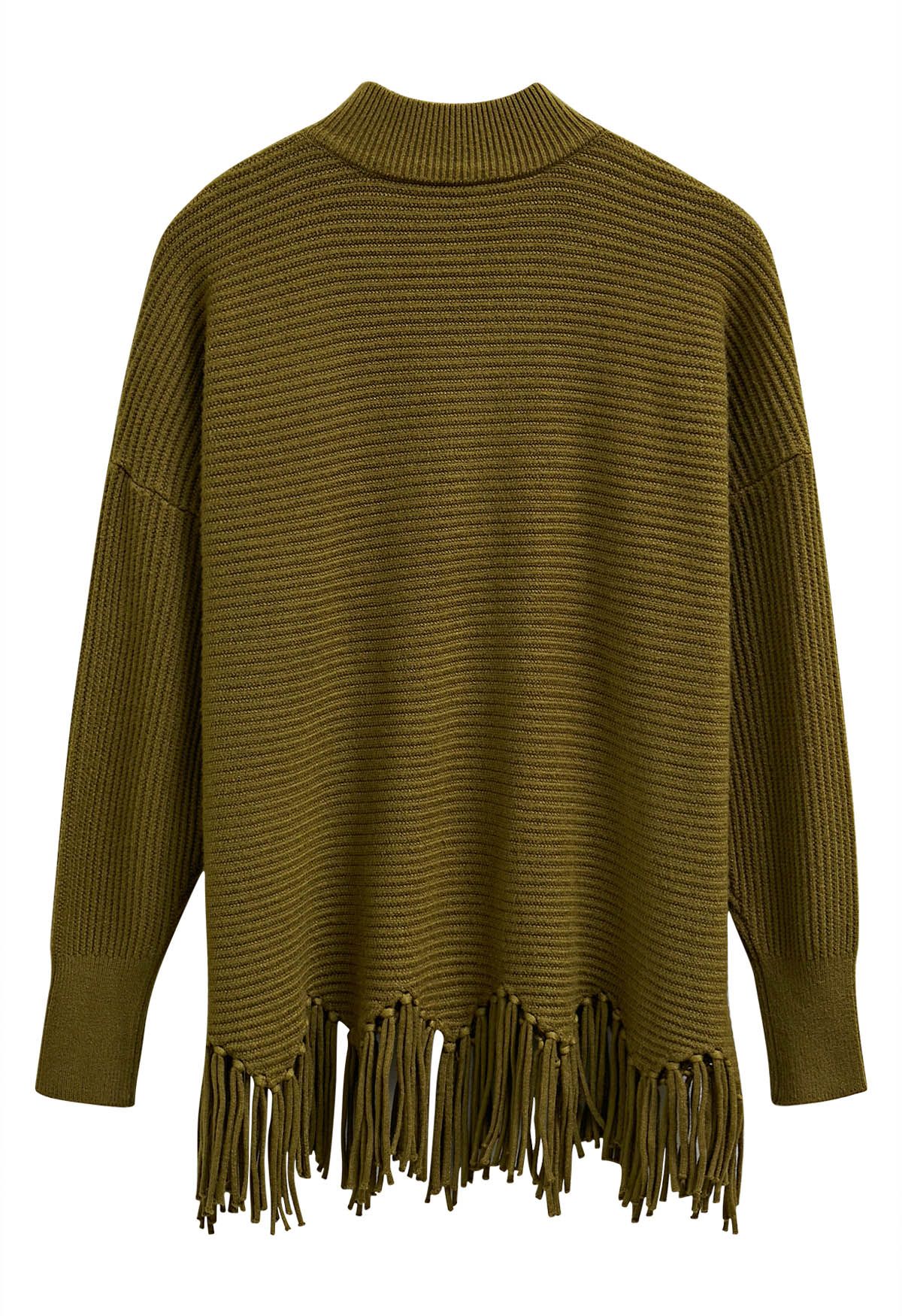 Asymmetric Fringe Hem Drop Shoulder Knit Sweater in Olive