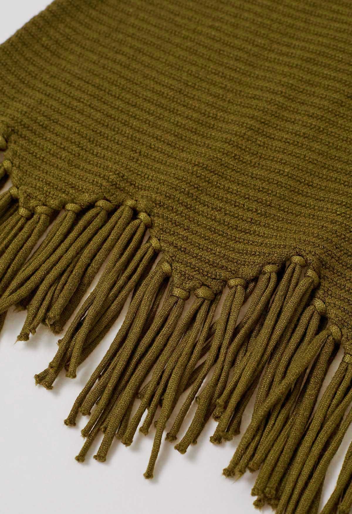 Asymmetric Fringe Hem Drop Shoulder Knit Sweater in Olive