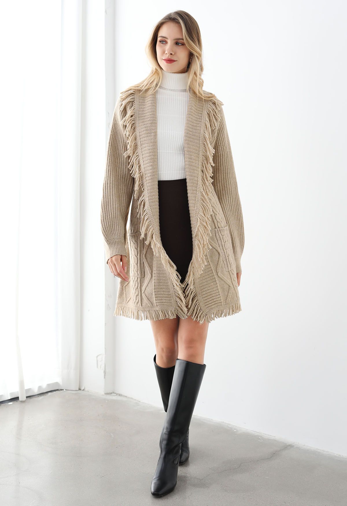 Fringe Trim Cable Knit Belted Cardigan in Oatmeal