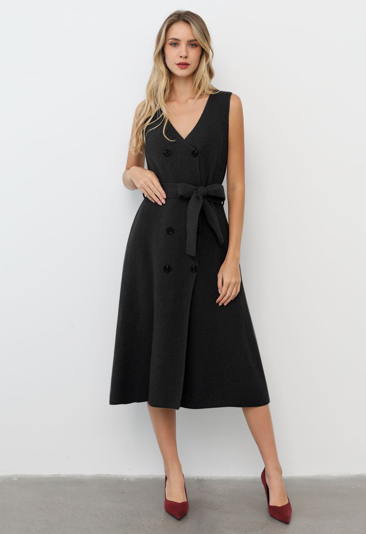 Double-Breasted Sleeveless Knit Dress and Cardigan Set in Black