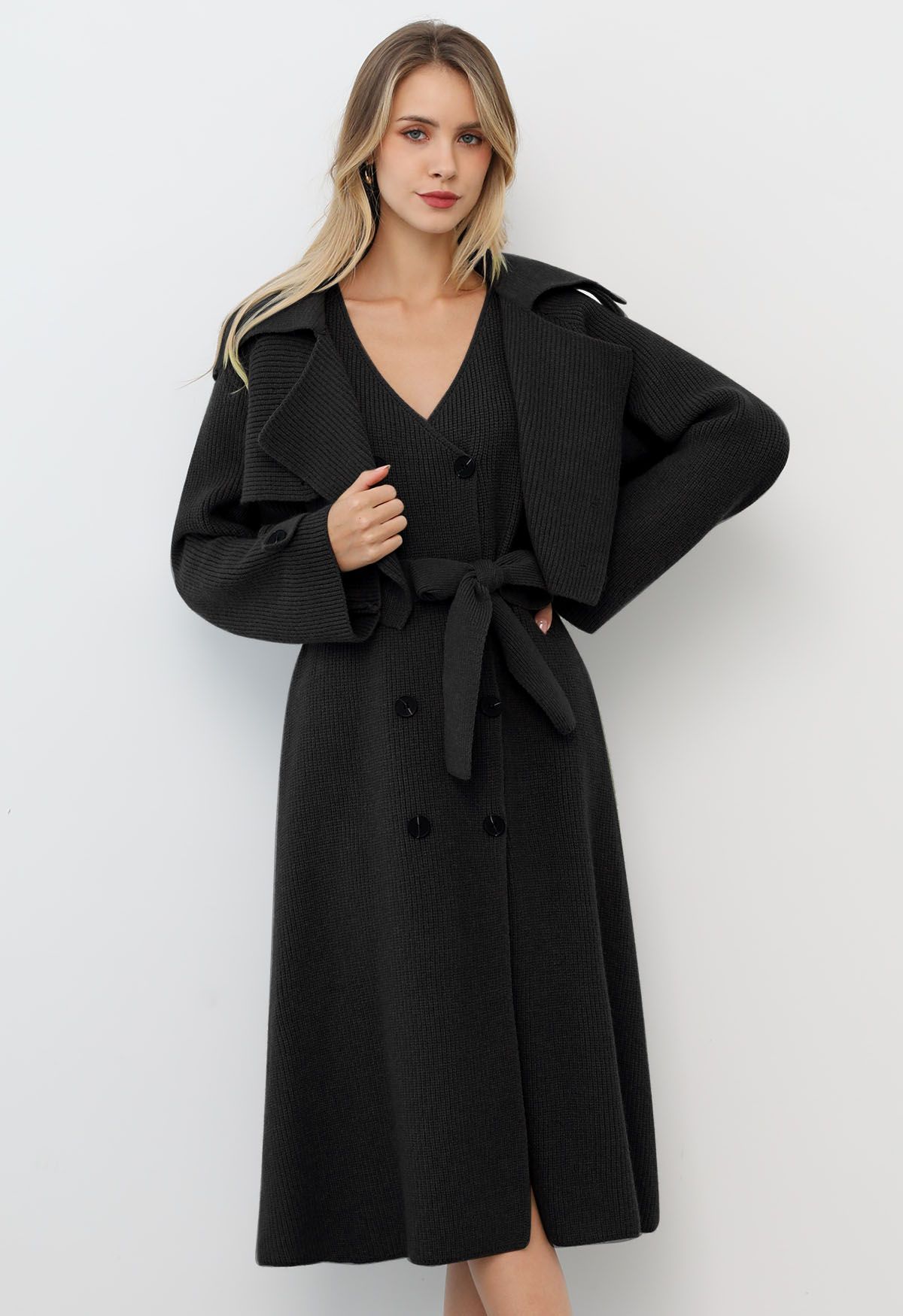 Double-Breasted Sleeveless Knit Dress and Cardigan Set in Black