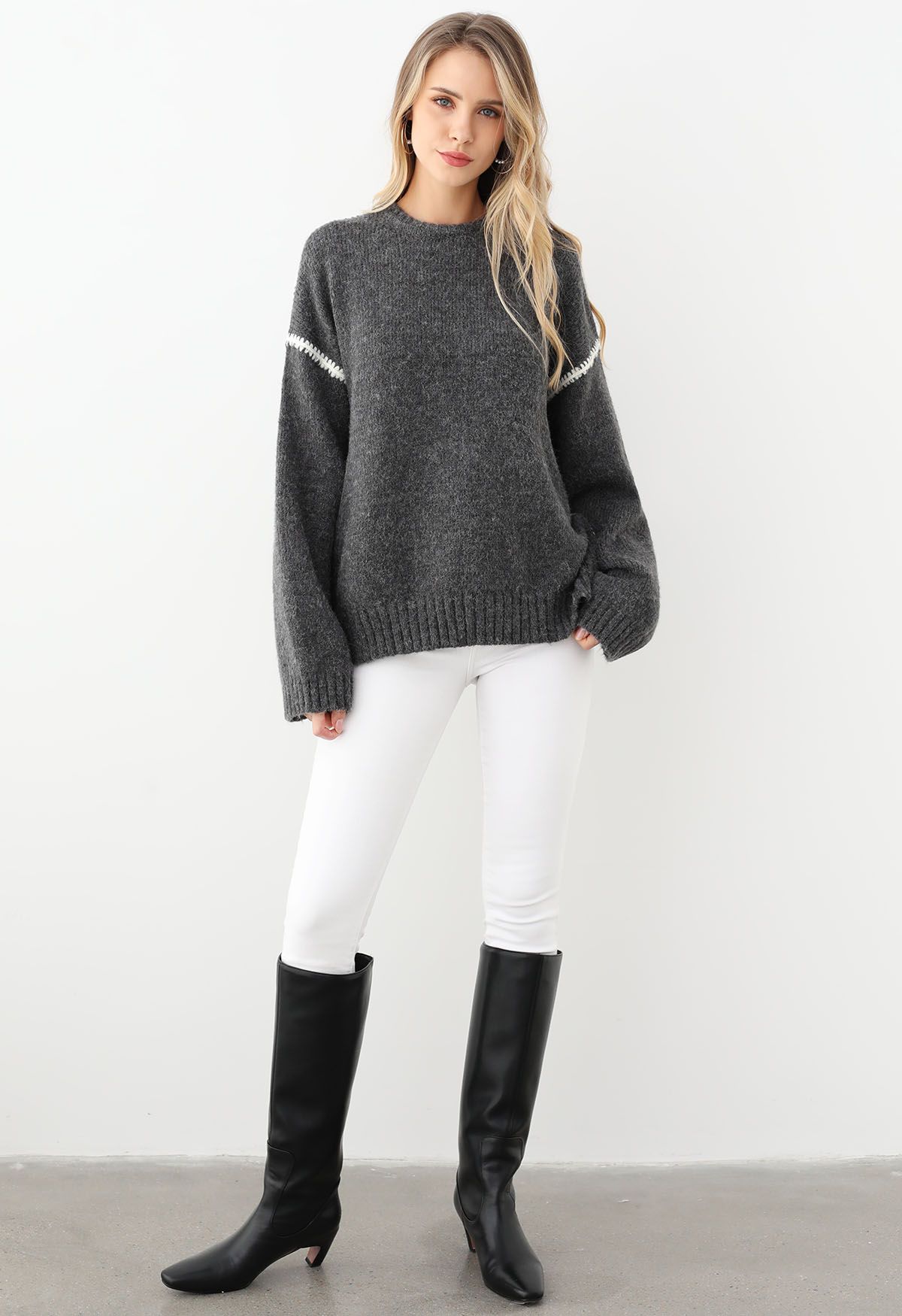 Whipstitch-Trimmed Dropped Shoulder Knit Sweater in Smoke