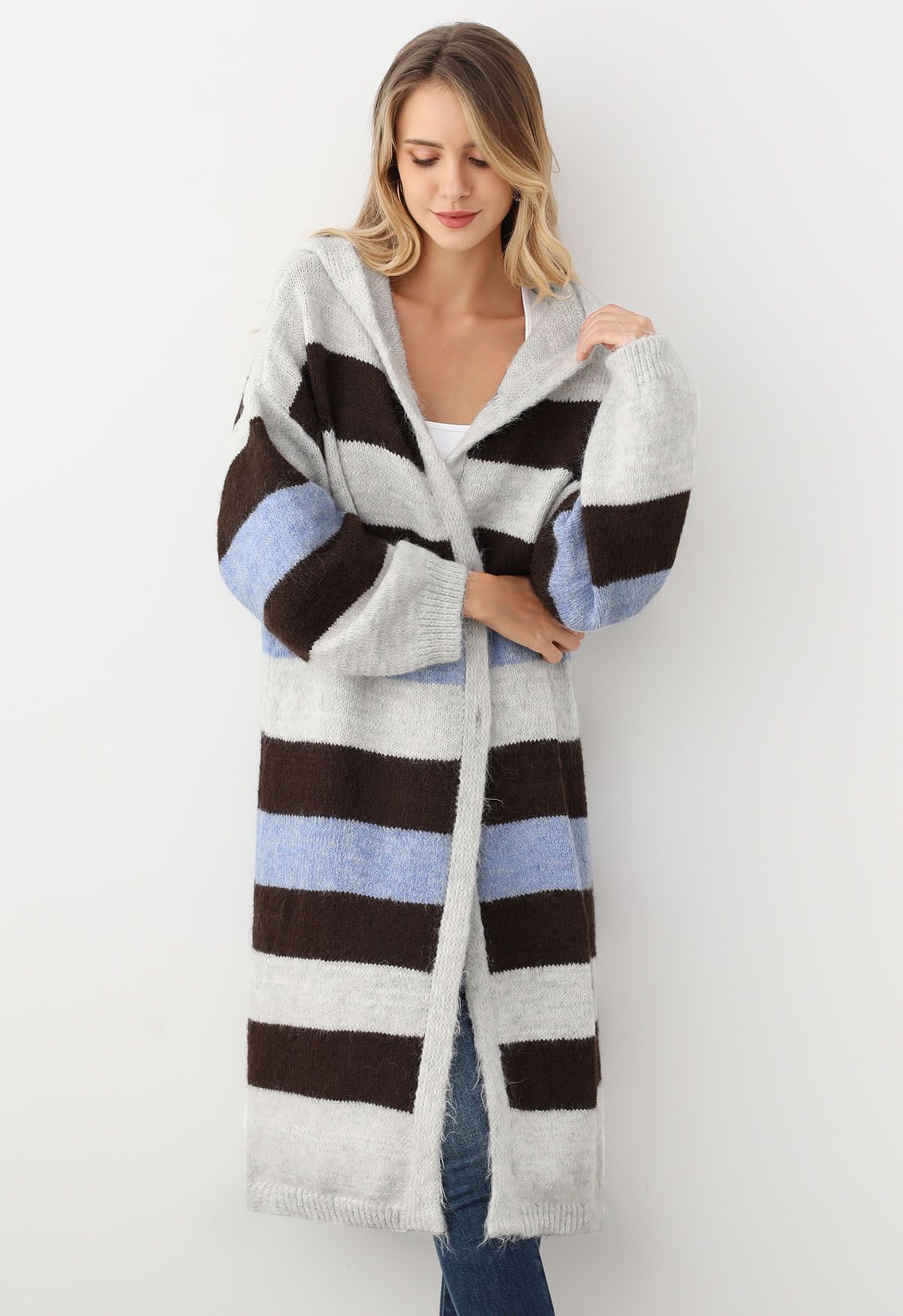 Color Block Buttoned Longline Hooded Cardigan