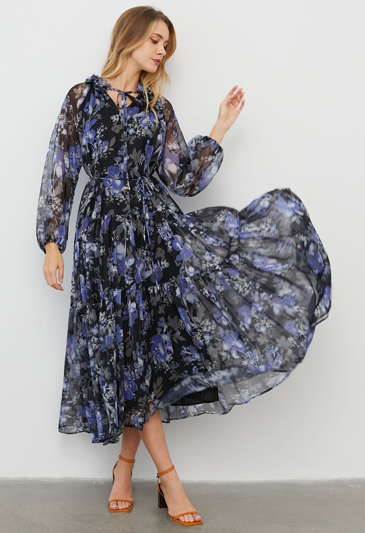 Floral Ballet Tie String Chiffon Midi Dress in Black