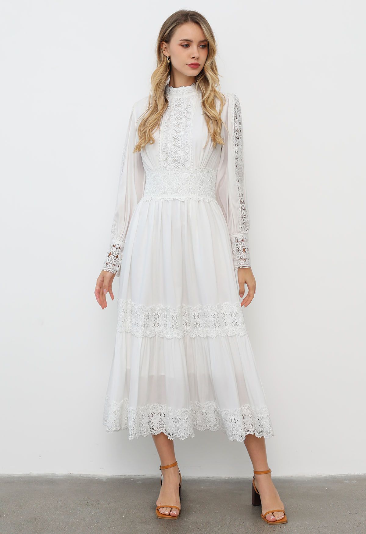 Victorian Elegance Cutwork Lace Maxi Dress in White