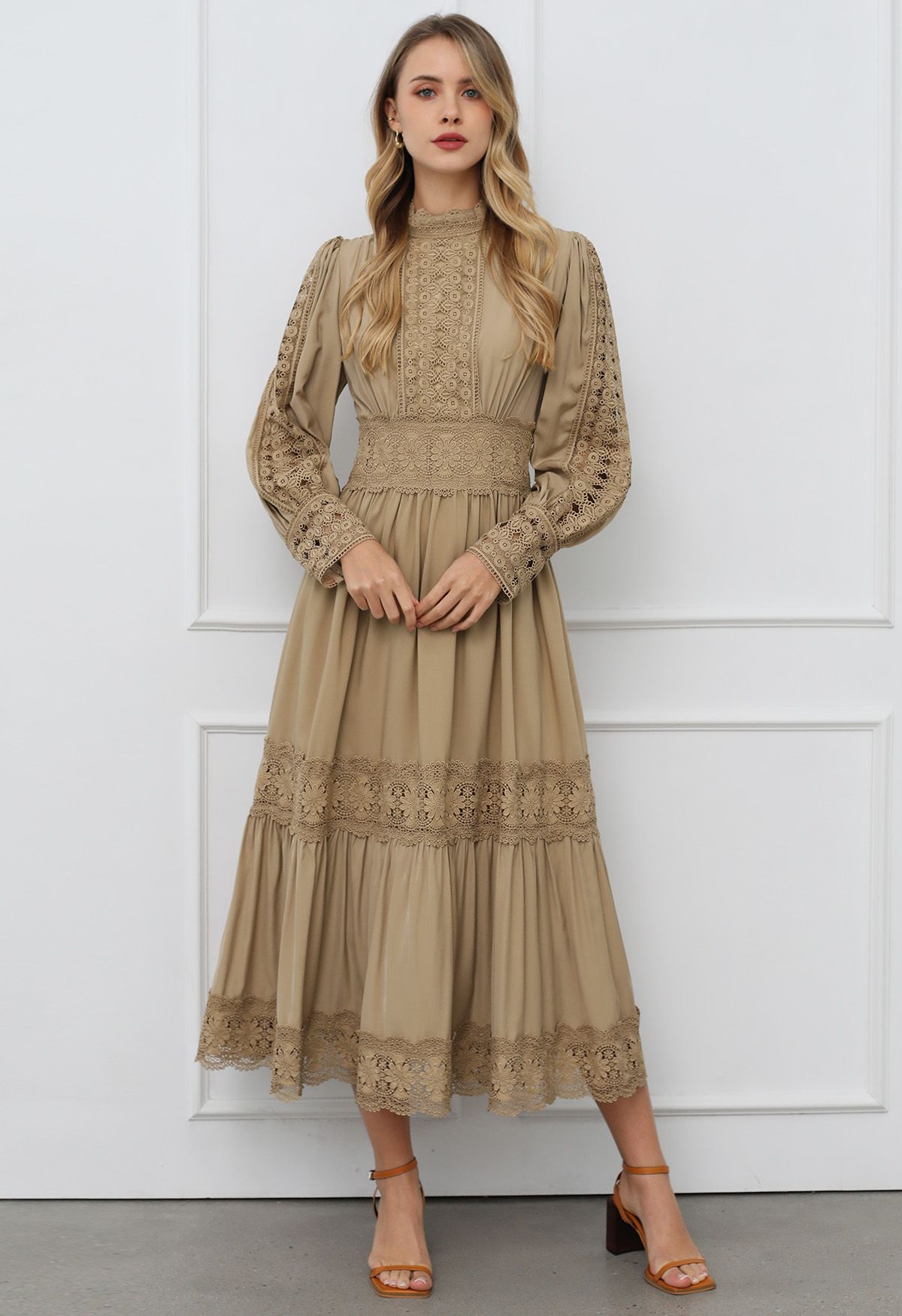 Victorian Elegance Cutwork Lace Maxi Dress in Tan