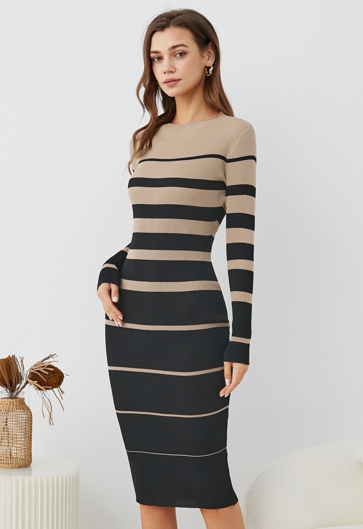 Color Block Stripe Bodycon Knit Midi Dress in Black