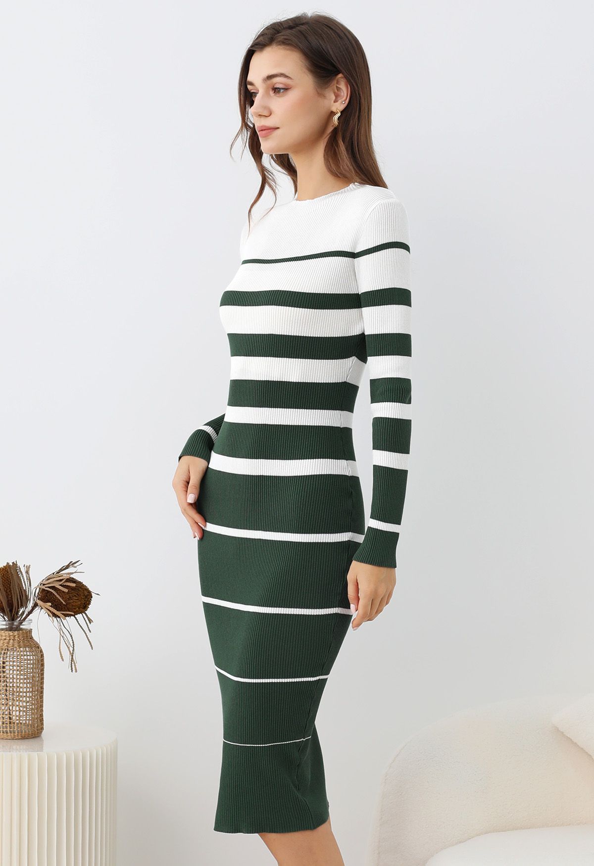 Color Block Stripe Bodycon Knit Midi Dress in Dark Green