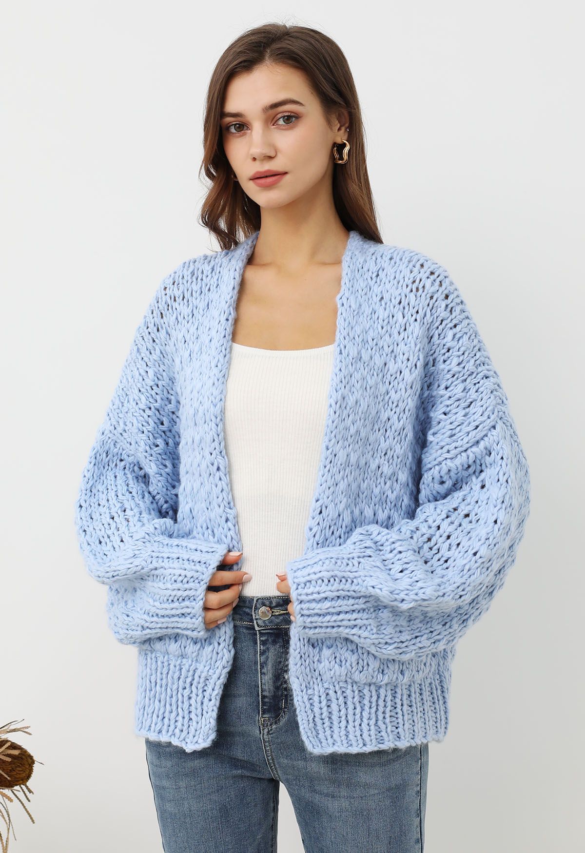 Chunky Hand Knit Patch Pocket Open Front Cardigan in Baby Blue