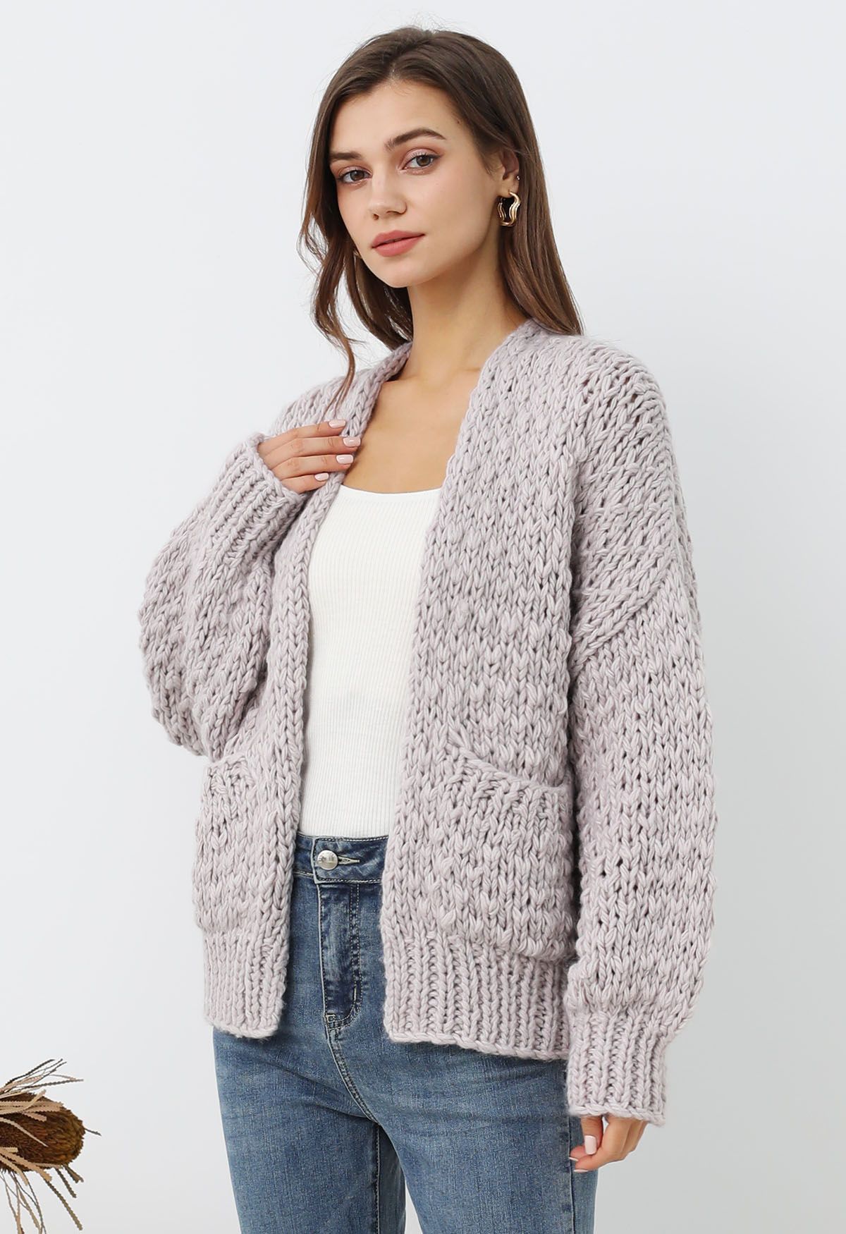 Chunky Hand Knit Patch Pocket Open Front Cardigan in Lilac