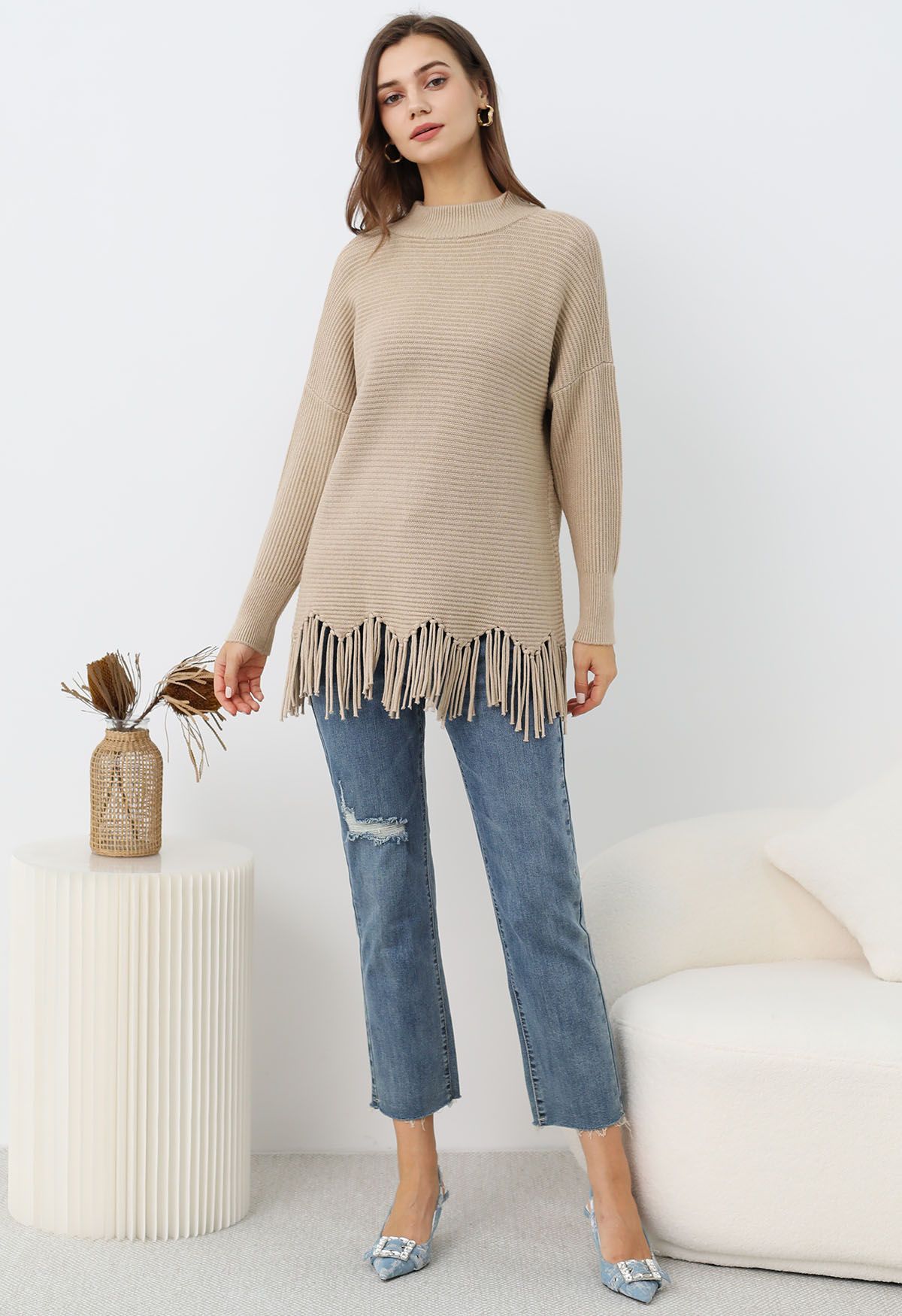 Asymmetric Fringe Hem Drop Shoulder Knit Sweater in Light Tan