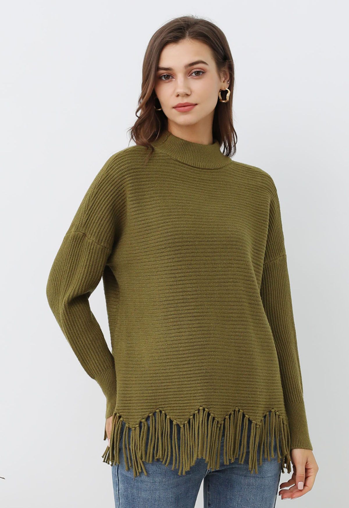 Asymmetric Fringe Hem Drop Shoulder Knit Sweater in Olive