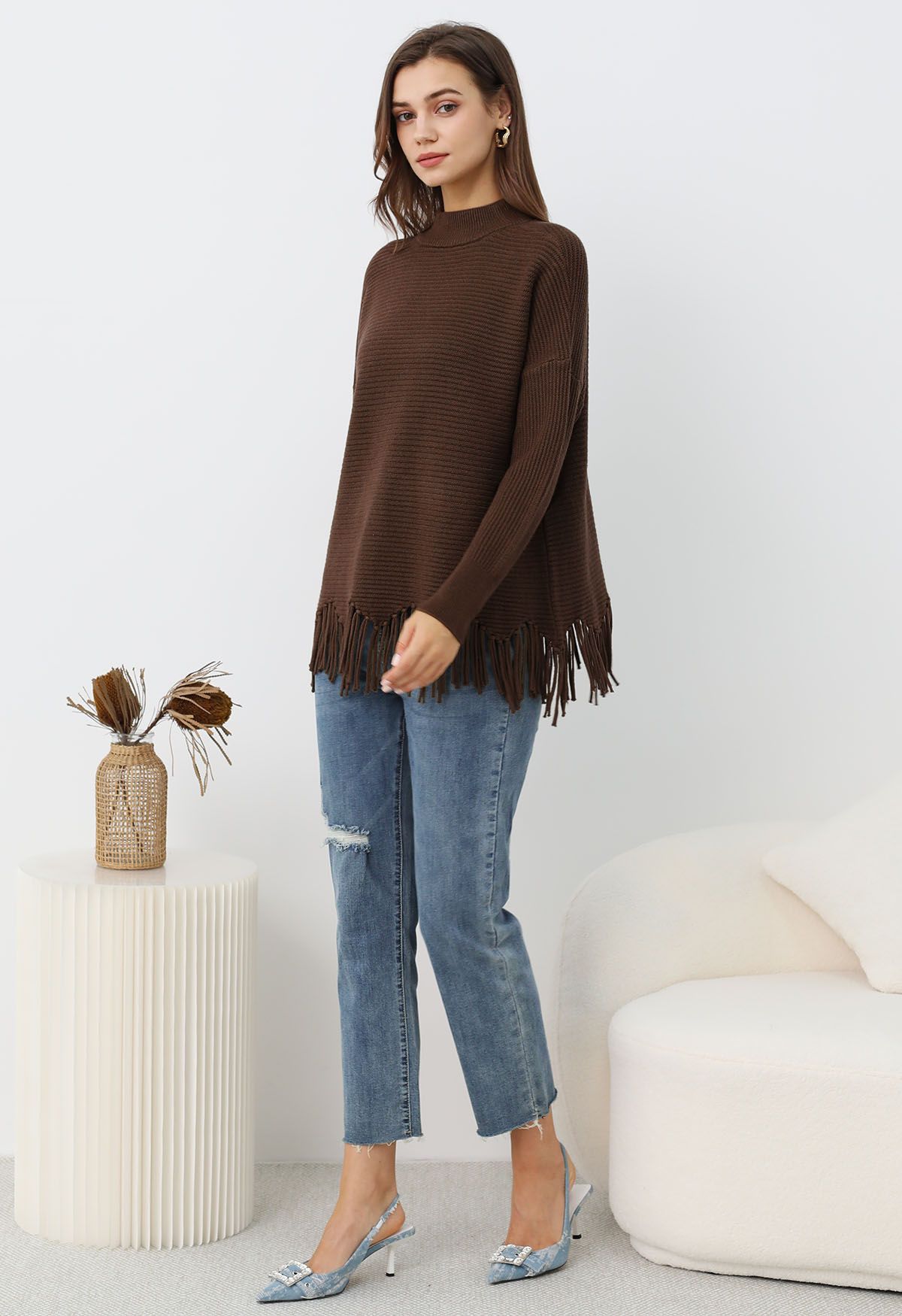 Asymmetric Fringe Hem Drop Shoulder Knit Sweater in Brown