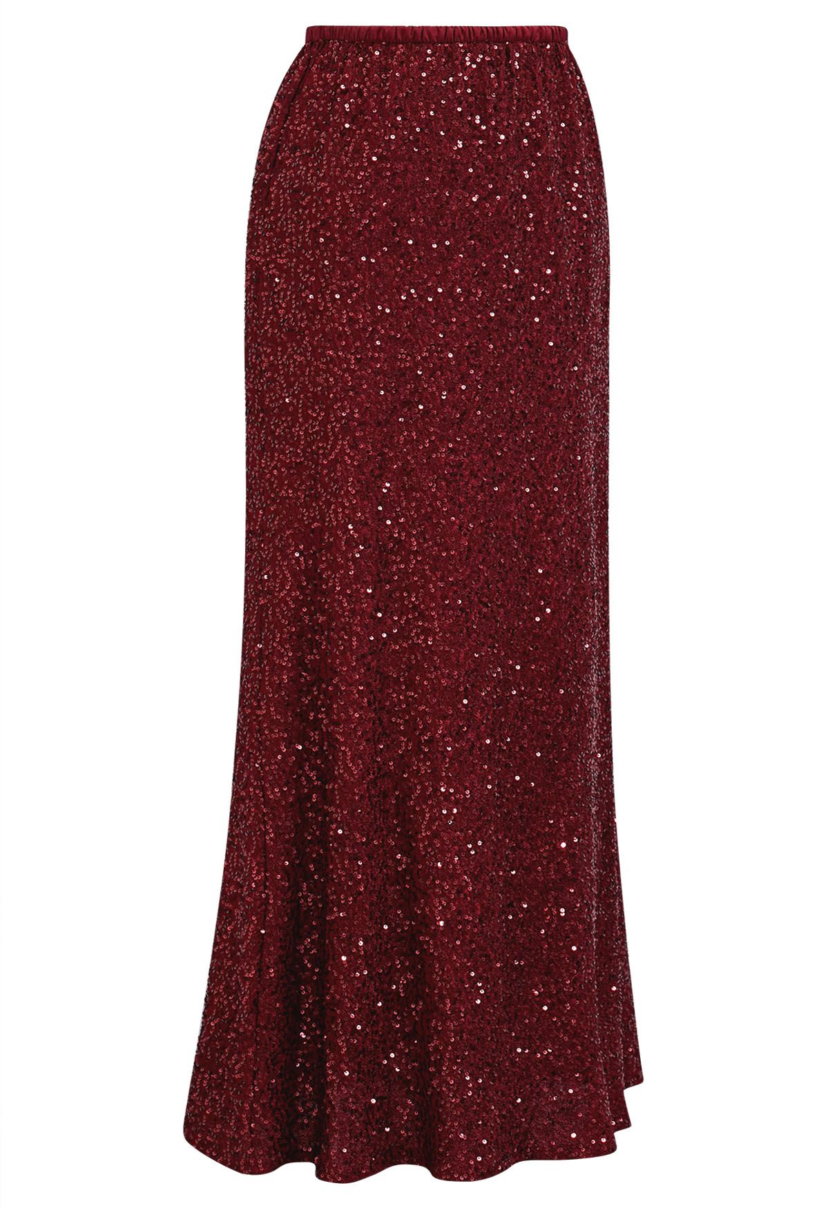 Full Sequin Mermaid Maxi Skirt in Red