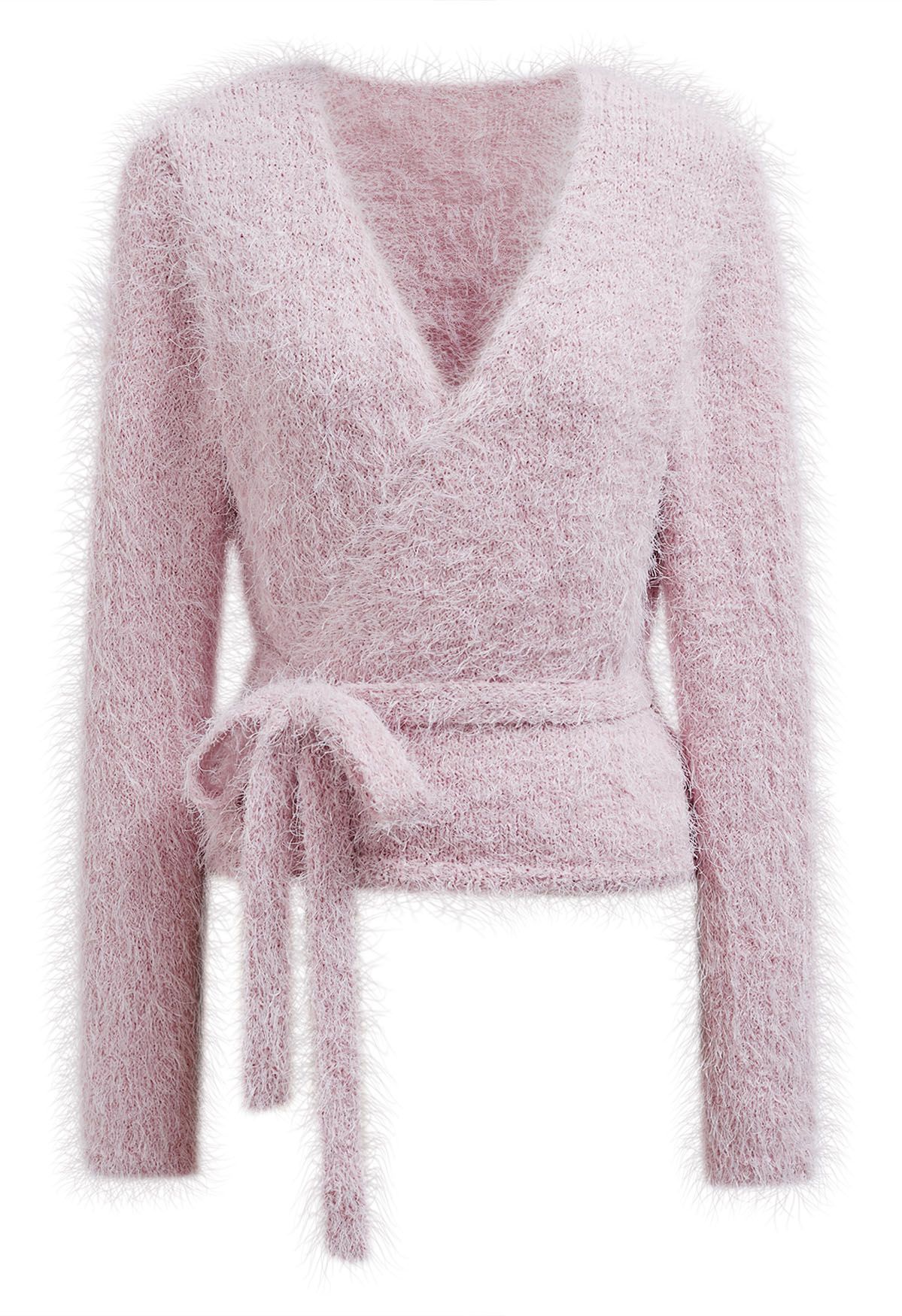 Wrap V-Neck Tie-Waist Fuzzy Knit Top in Light Pink