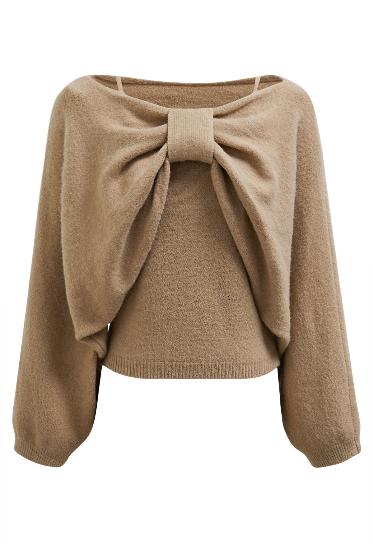 Mesmerizing Bowknot Cami Top and Sweater Set in Camel