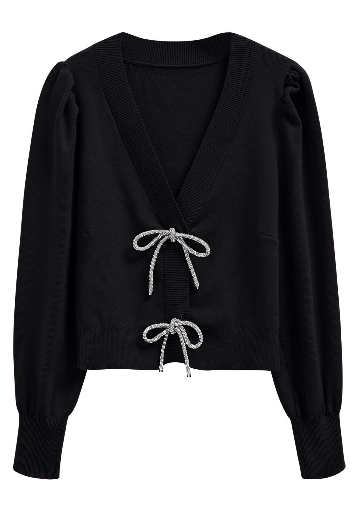 Sparkling Bowknot Buttoned Lantern Sleeve Knit Cardigan in Black