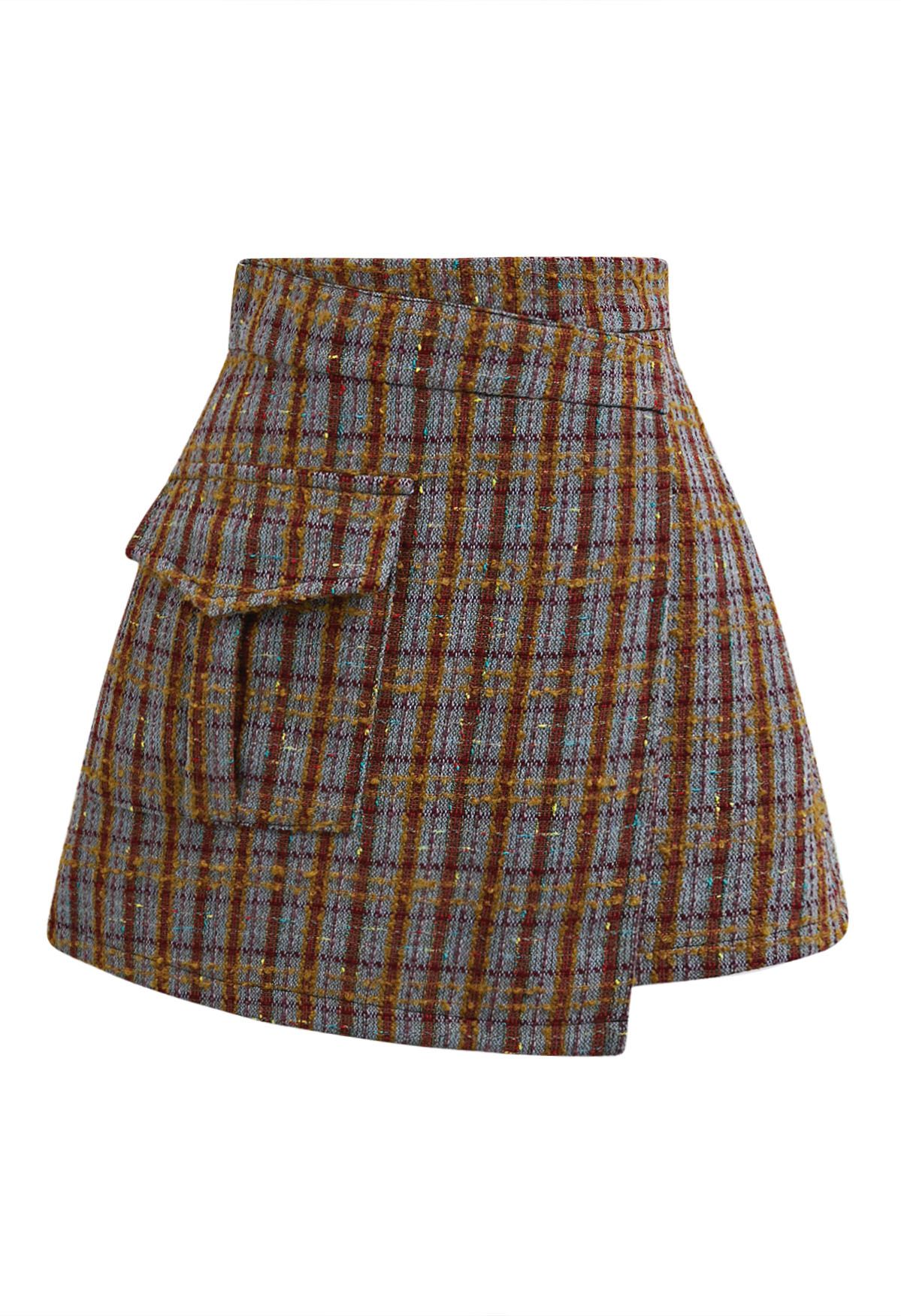 Plaid Tweed Asymmetric Mini Skirt in Blue