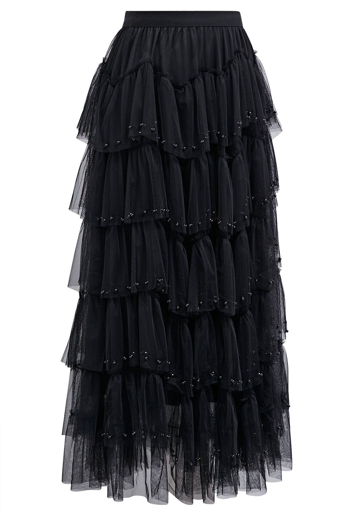 Ethereal Tiered Pearl Tulle Maxi Skirt in Black