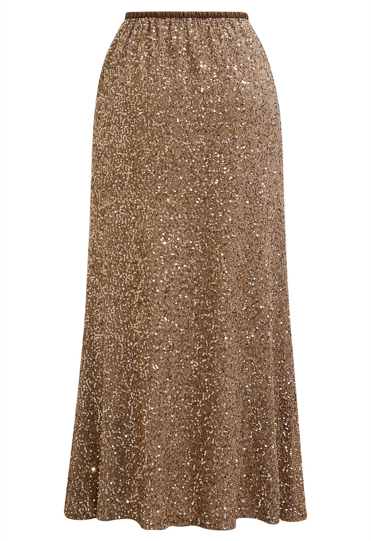 Full Sequin Mermaid Maxi Skirt in Tan