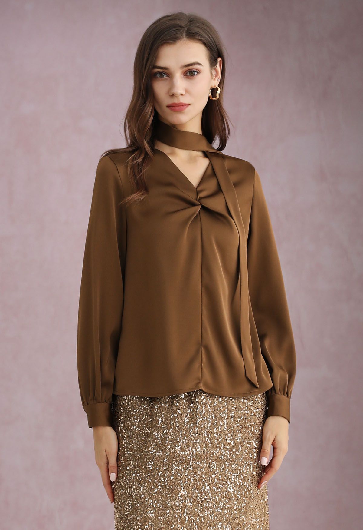 Ribbon V-Neckline Twist Detail Satin Top in Brown