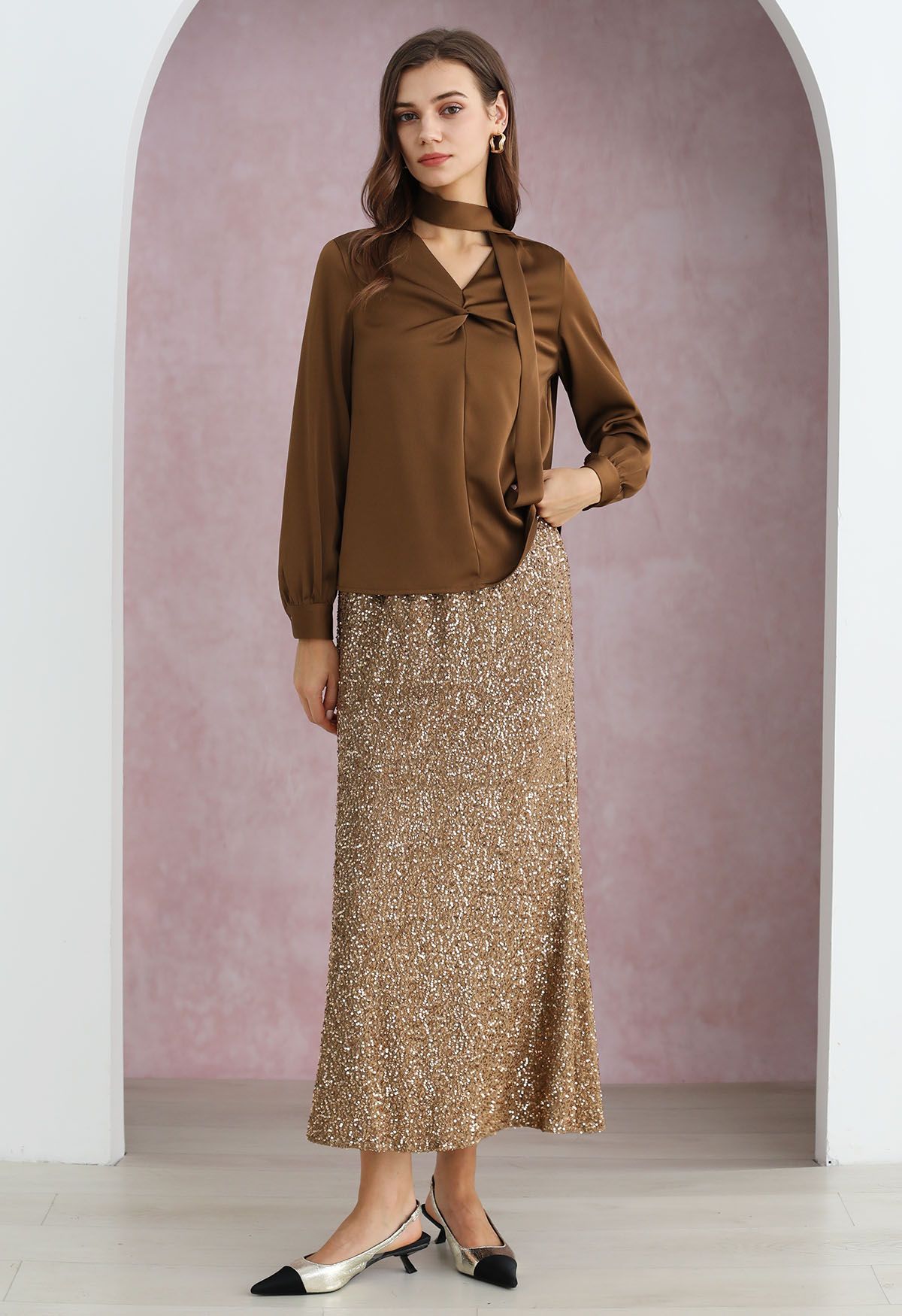 Full Sequin Mermaid Maxi Skirt in Tan