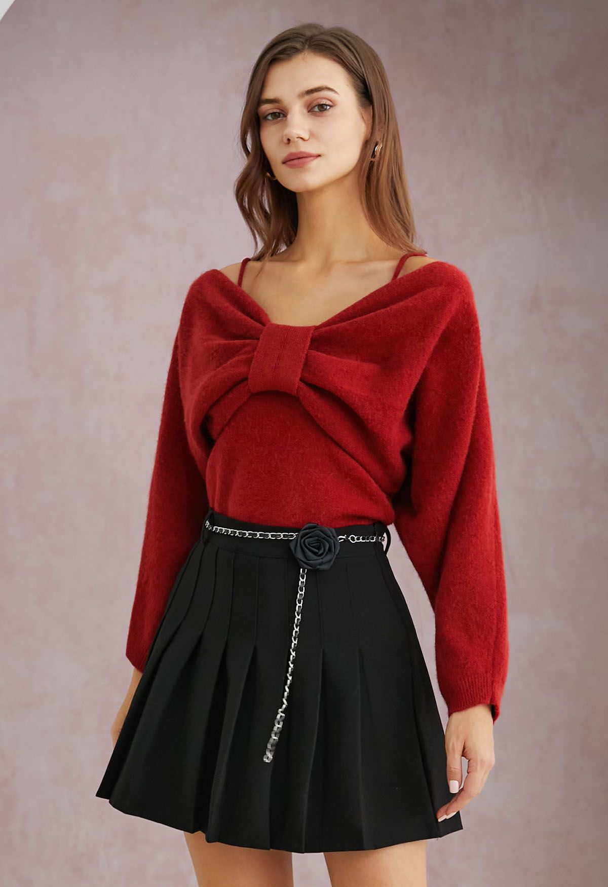 Mesmerizing Bowknot Cami Top and Sweater Set in Red