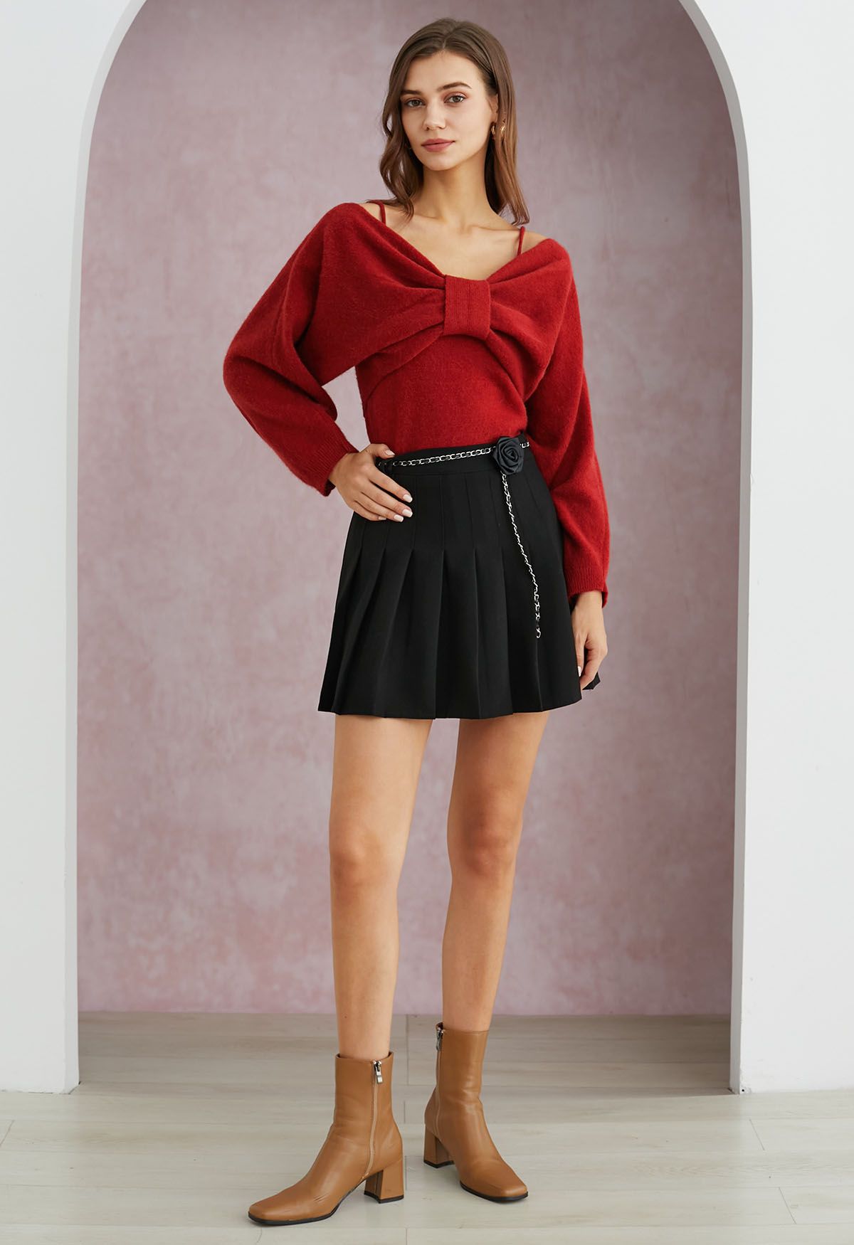 Mesmerizing Bowknot Cami Top and Sweater Set in Red