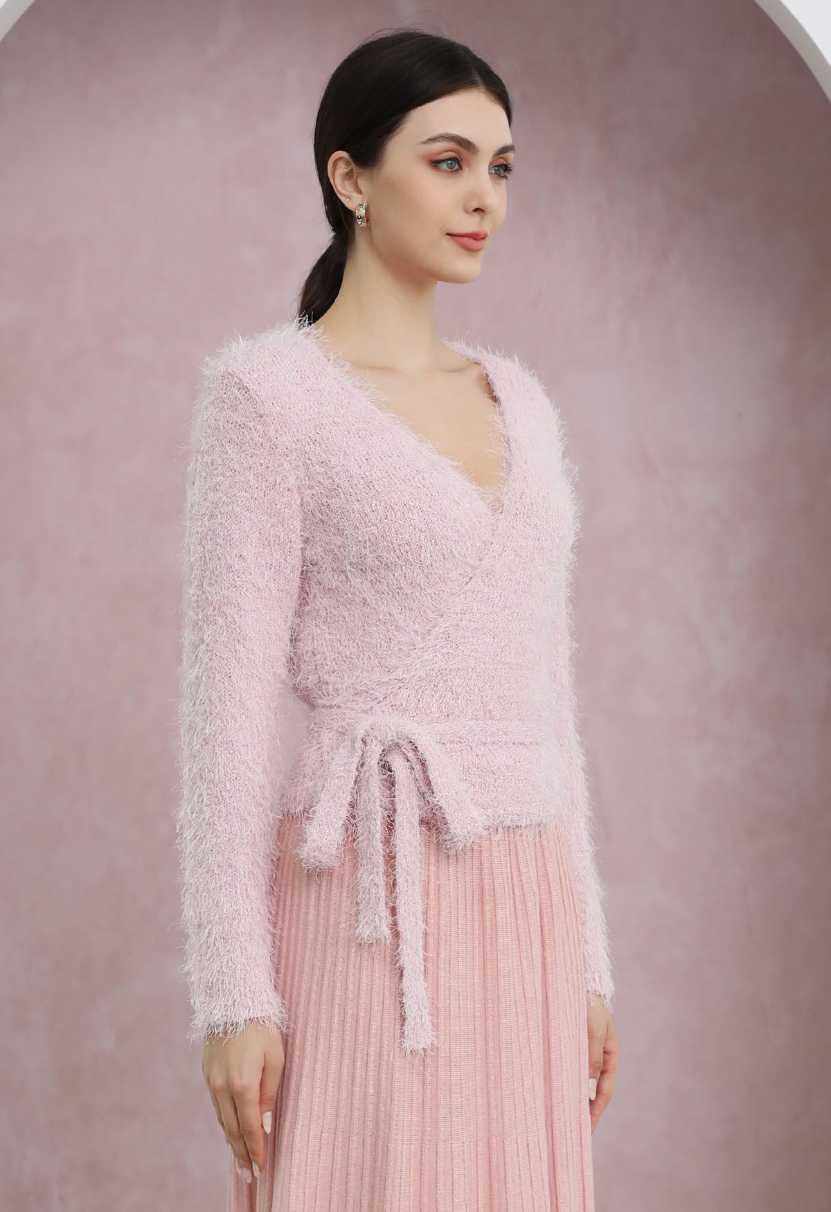 Wrap V-Neck Tie-Waist Fuzzy Knit Top in Light Pink