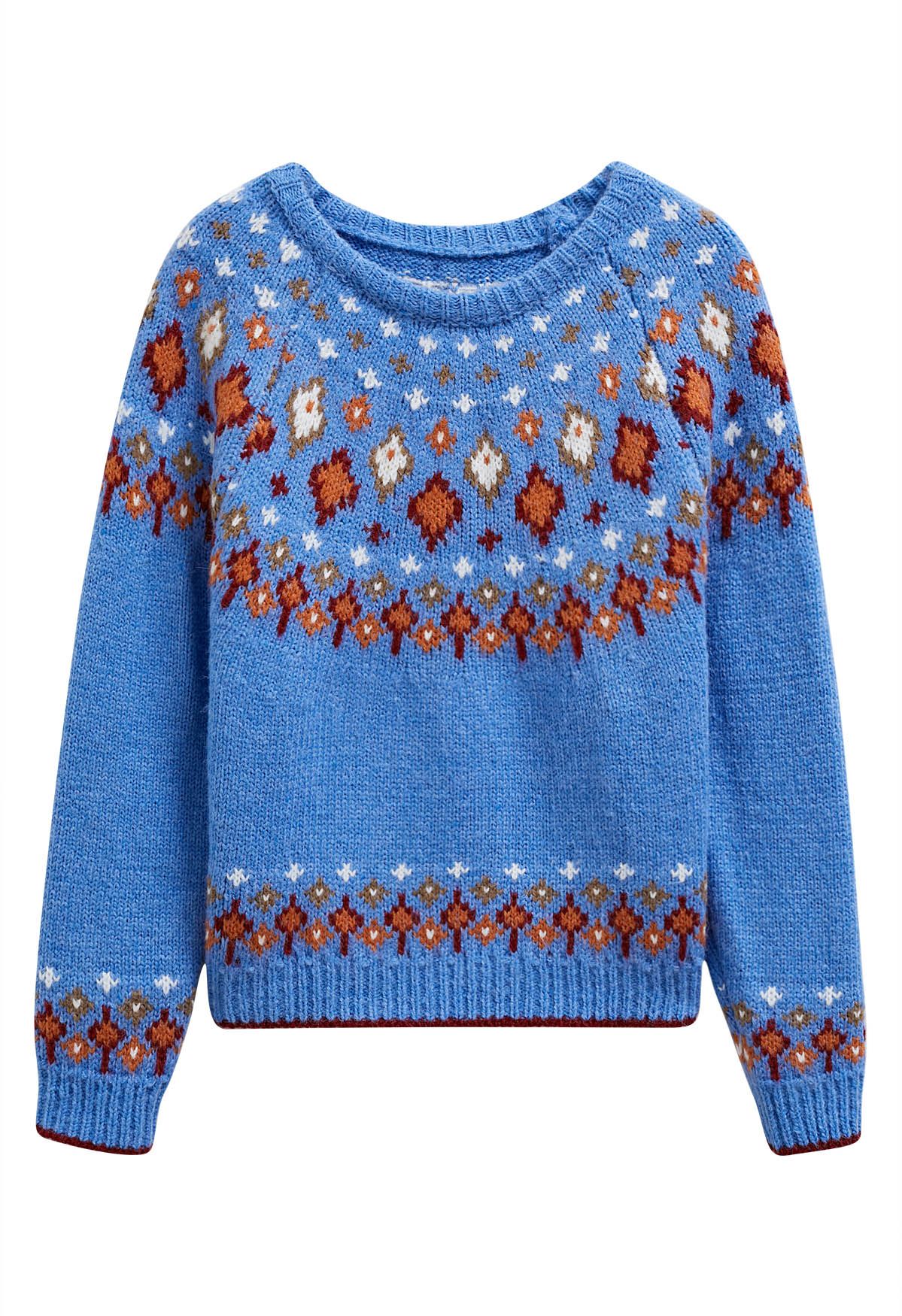 Snowflake Wonderland Fair Isle Knit Sweater in Blue