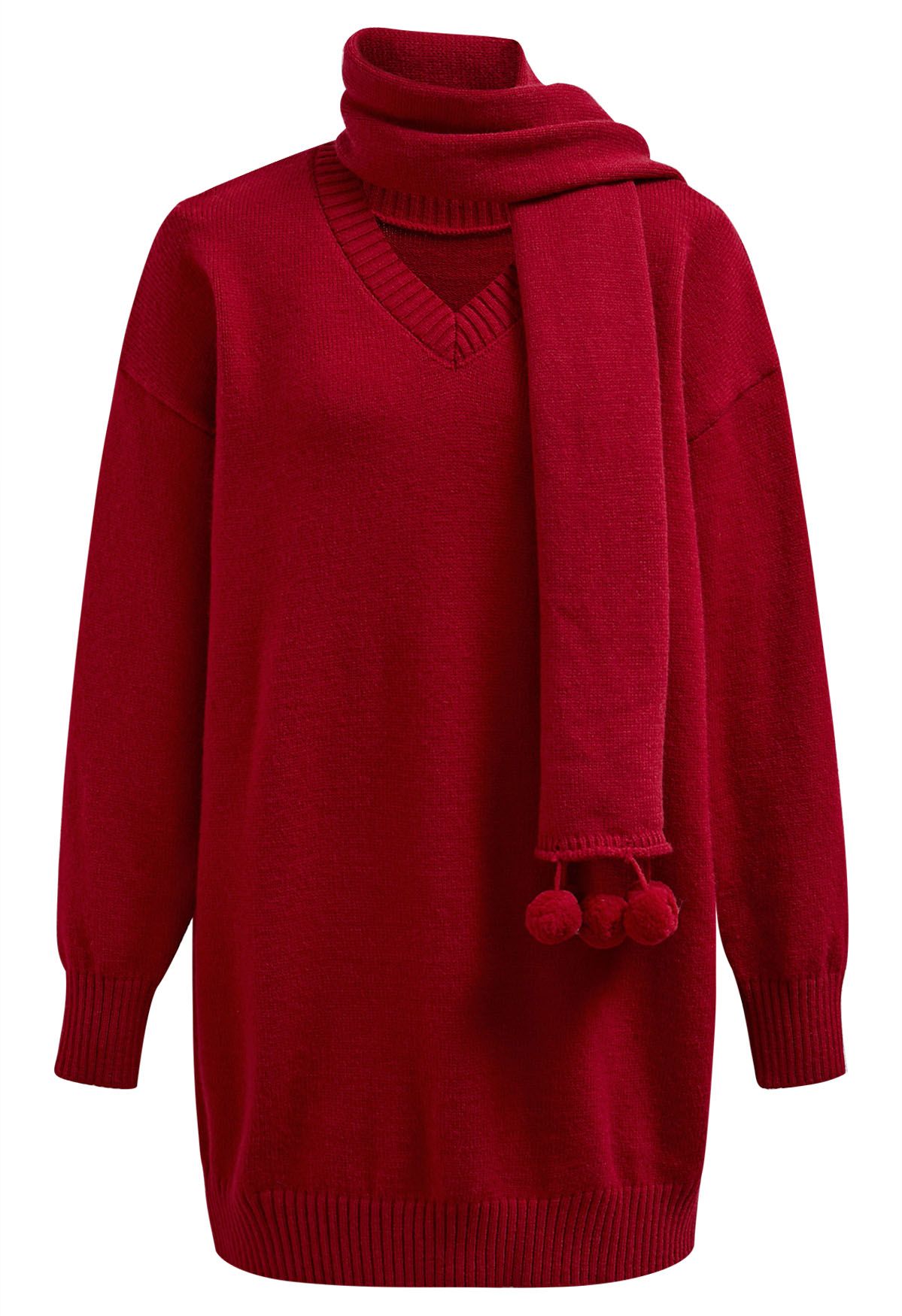 Cozy Red Dropped Shoulder Knit Sweater Dress with Pom-Pom Scarf