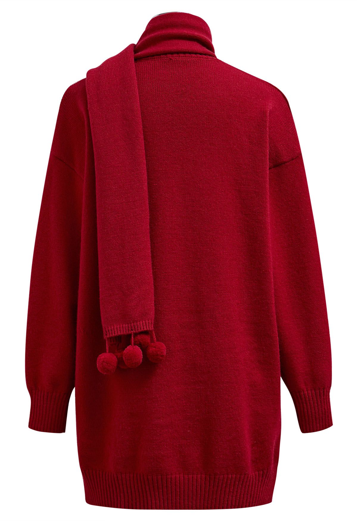 Cozy Red Dropped Shoulder Knit Sweater Dress with Pom-Pom Scarf