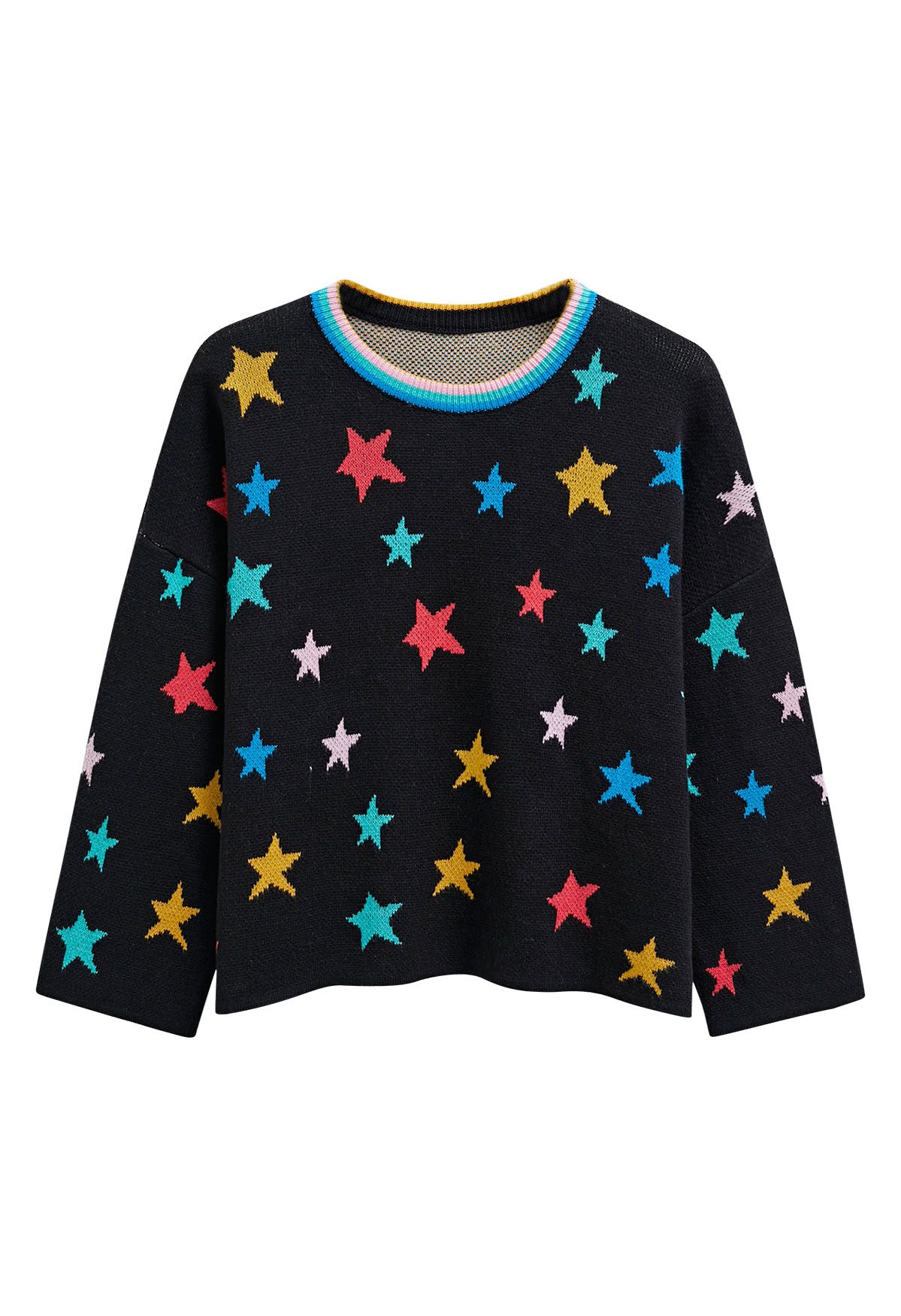 Cosmic Charm Star Bell Sleeve Knit Sweater in Black