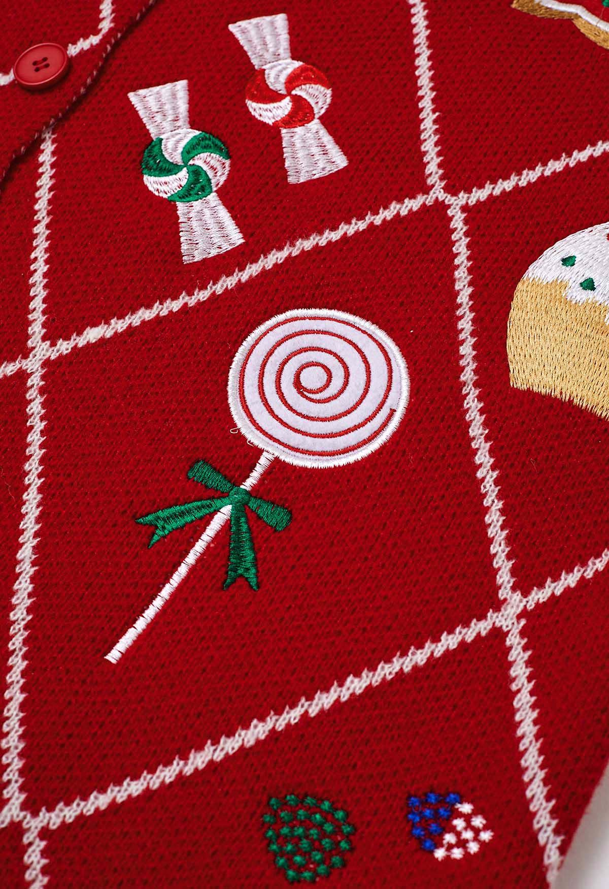 Cheer Christmas Gingerbread Buttoned Knit Cardigan in Red