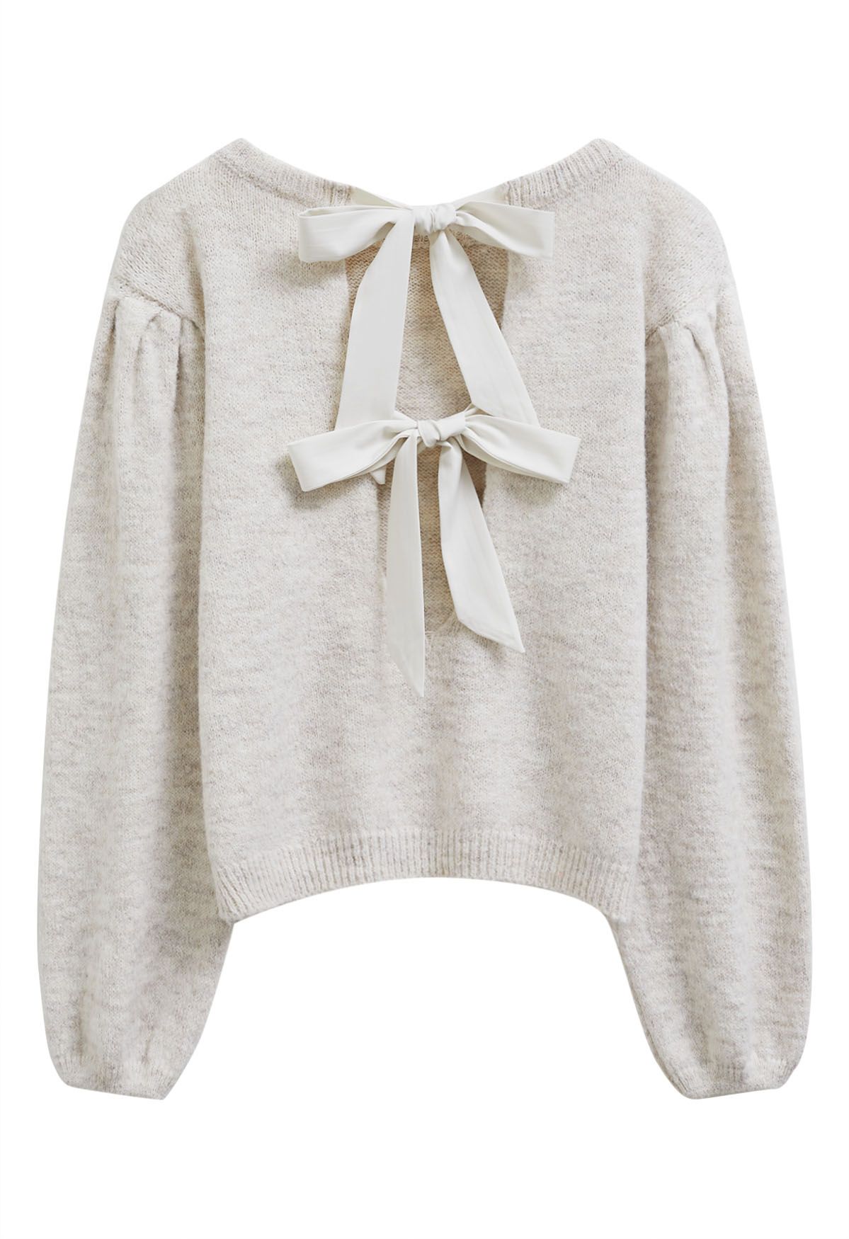 Bowknot Back Puff Sleeve Knit Sweater in Oatmeal