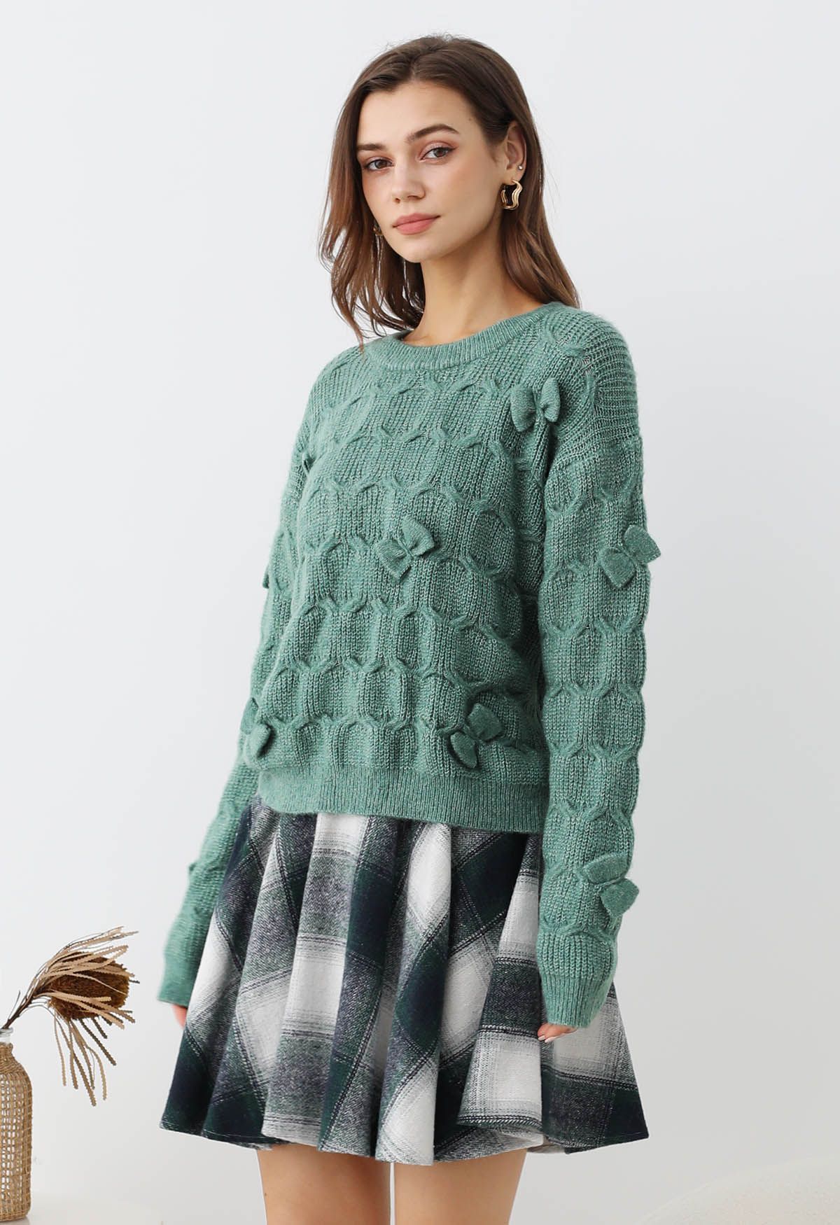 Playful Bow Geometric Textured Knit Sweater in Green