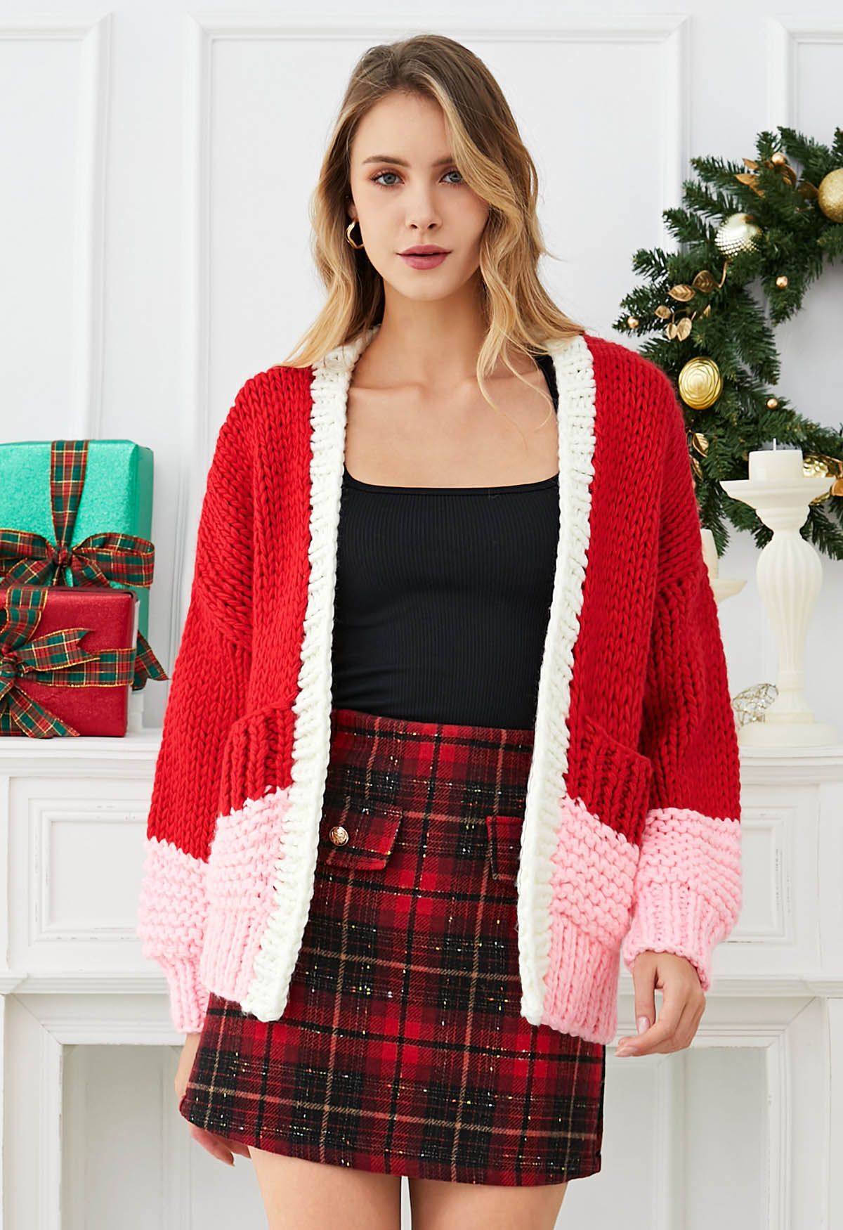 Color Blocked Hand-Knit Chunky Cardigan in Red