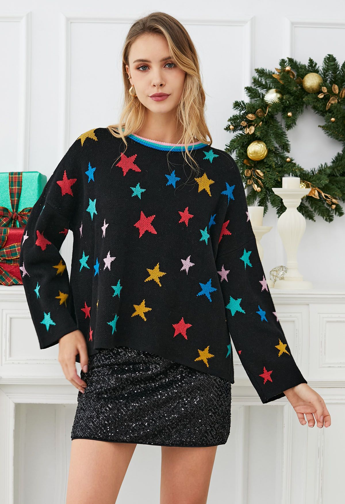 Cosmic Charm Star Bell Sleeve Knit Sweater in Black