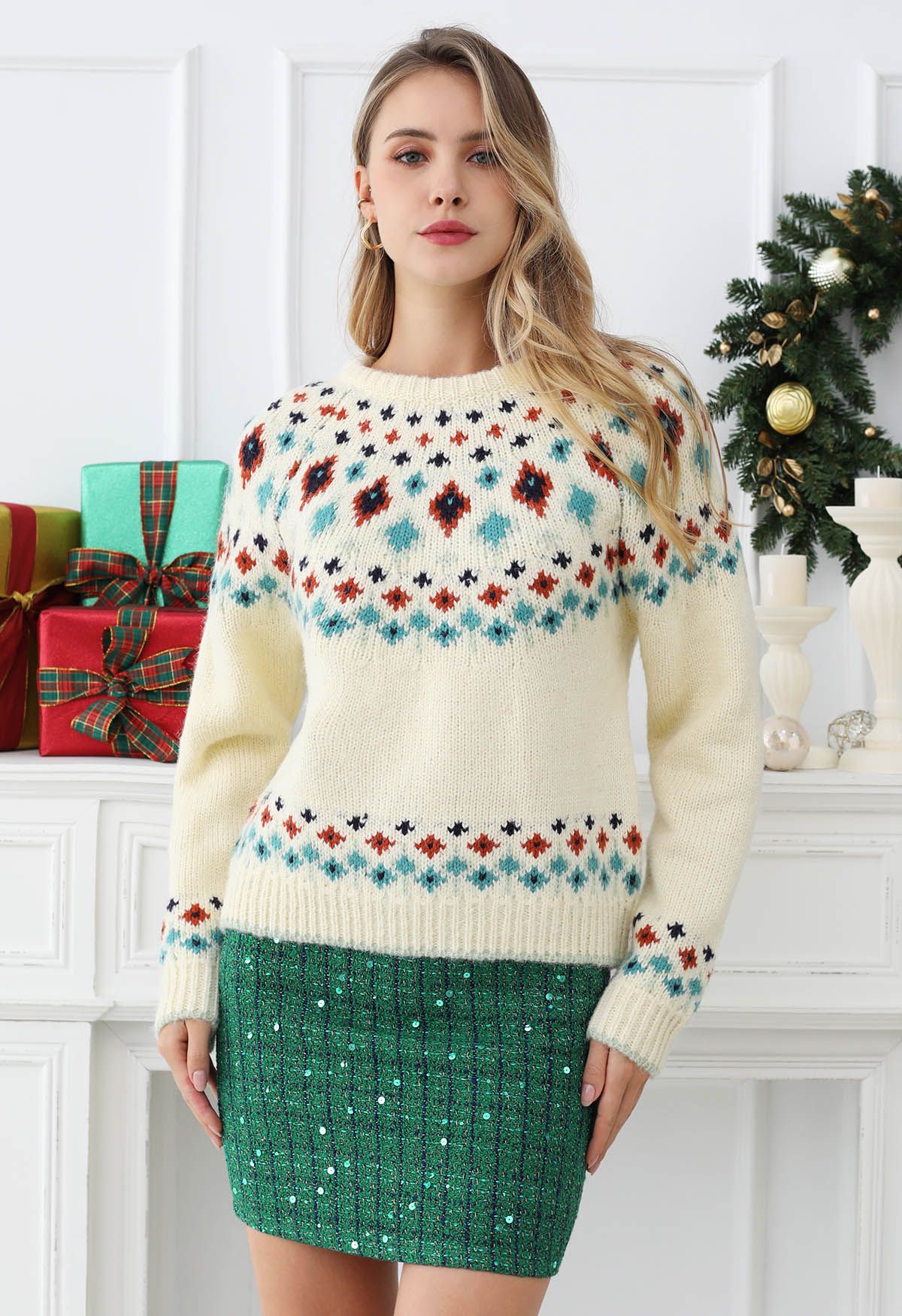 Snowflake Wonderland Fair Isle Knit Sweater in Cream Retro Indie and Unique Fashion