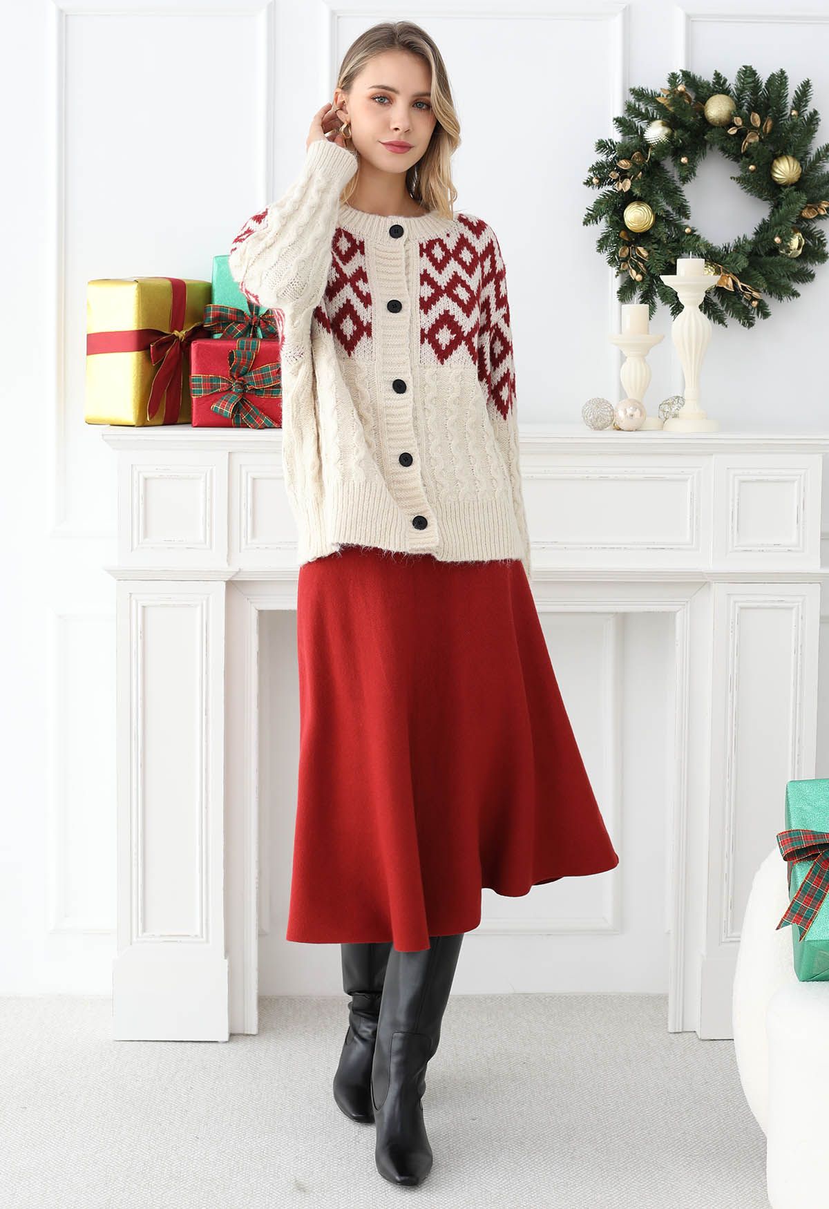 Festive Geometric Button Down Knit Cardigan in Cream