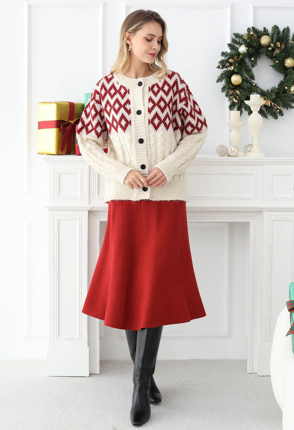 Solid Color A-Line Knit Midi Skirt in Red