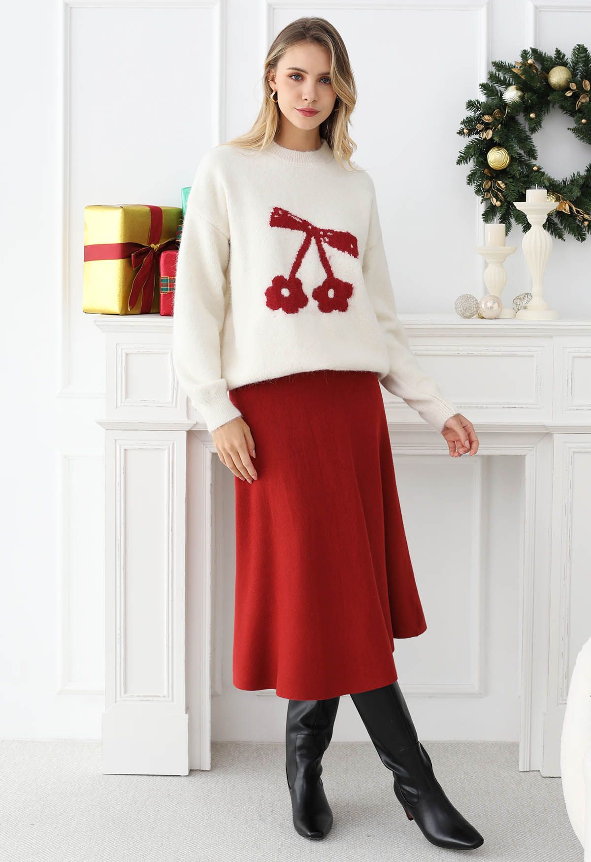 Delightful Cherry Bowknot Dropped Shoulder Knit Sweater