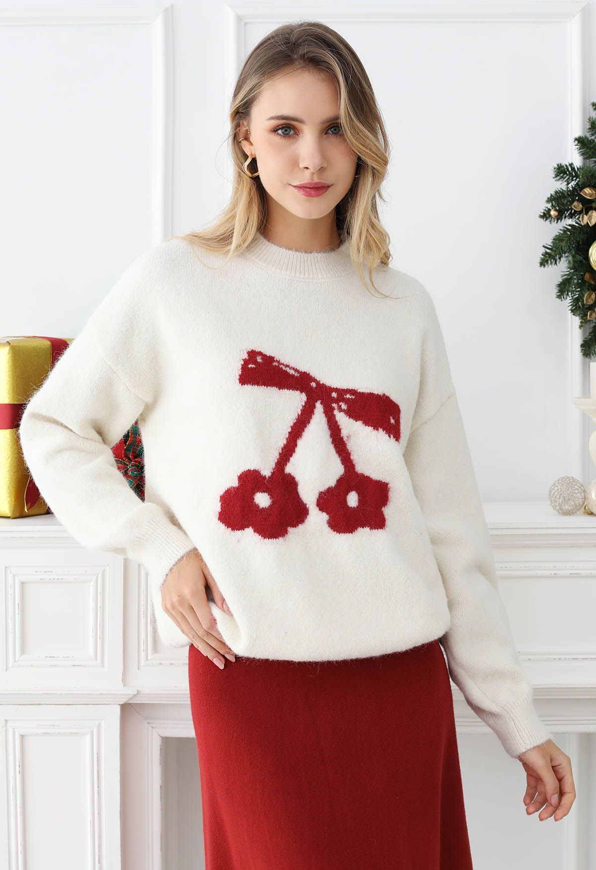 Delightful Cherry Bowknot Dropped Shoulder Knit Sweater