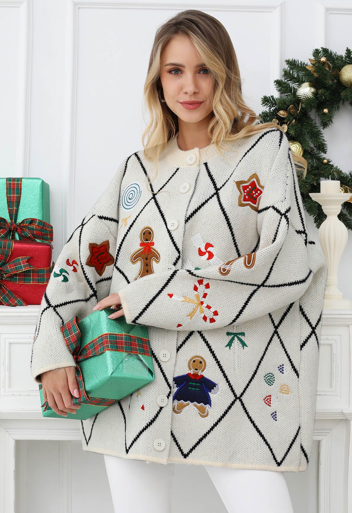 Cheer Christmas Gingerbread Buttoned Knit Cardigan in White